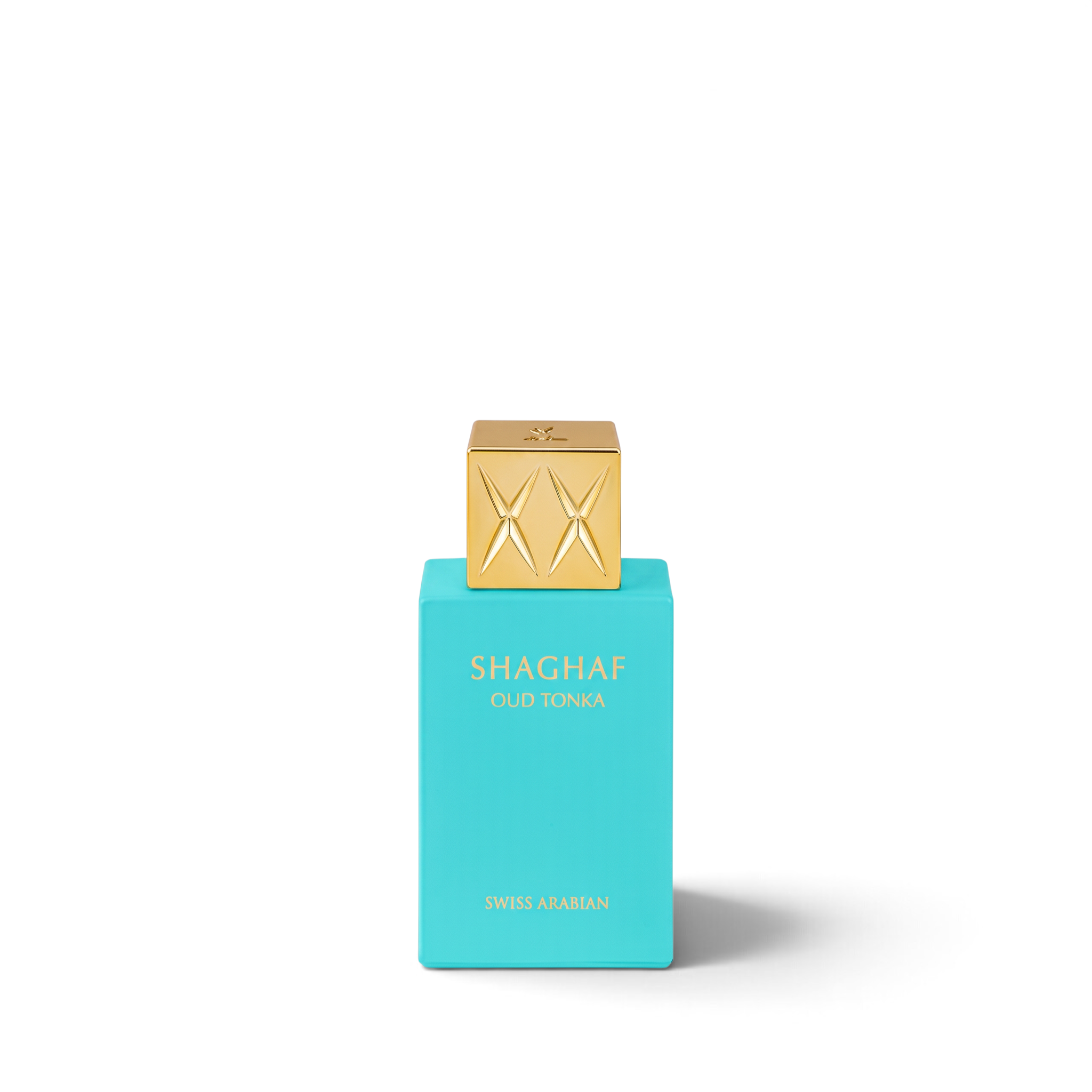 Palette 21 Swiss Arabian Shaghaf Oud Tonka 25ml perfume in a vibrant turquoise bottle with a luxurious gold cap.