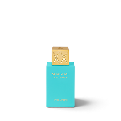 Palette 21 Swiss Arabian Shaghaf Oud Tonka 25ml perfume in a vibrant turquoise bottle with a luxurious gold cap.