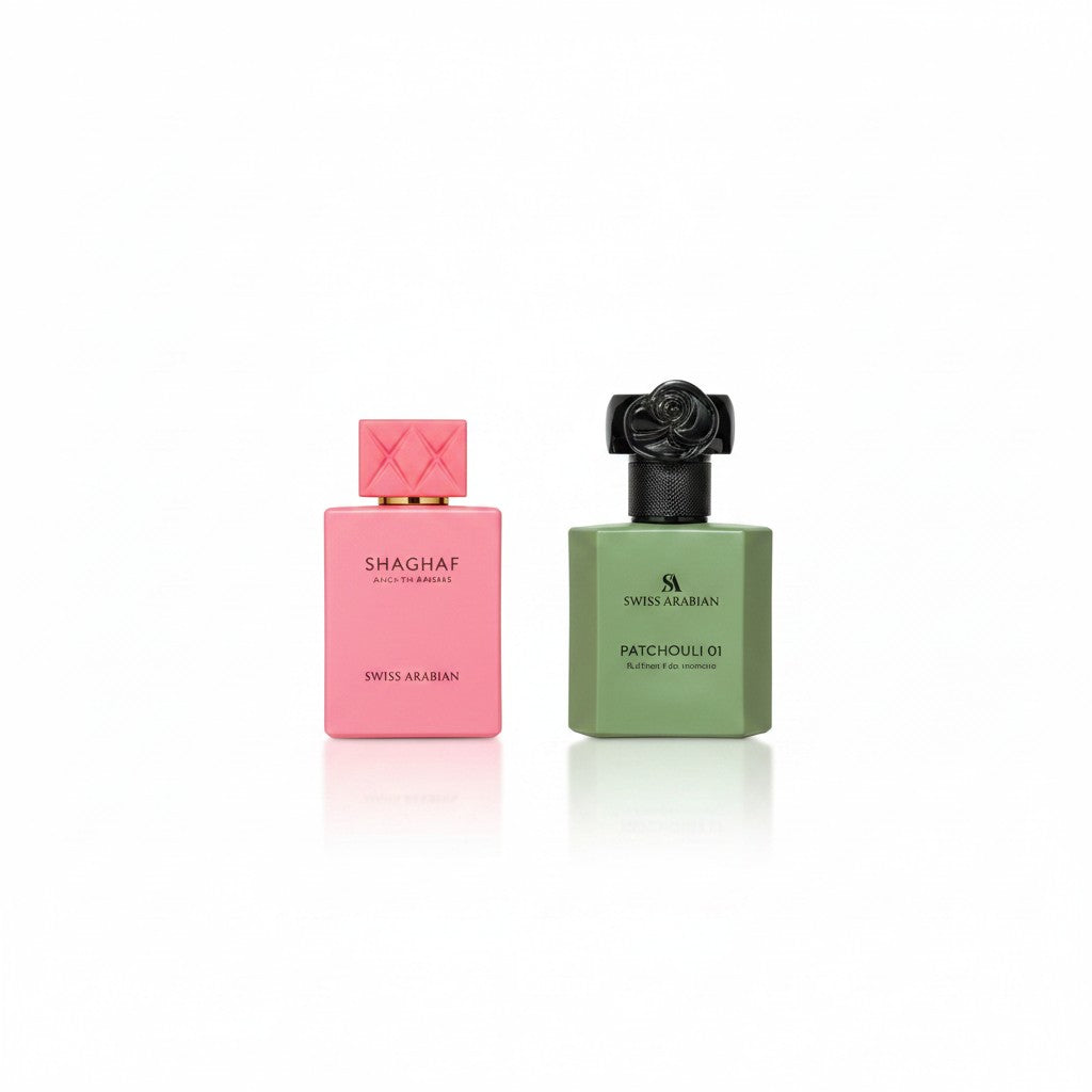 Palette 21 The Collector’s Edition II featuring a pink Shaghaf perfume bottle and a green Patchouli 01 fragrance bottle