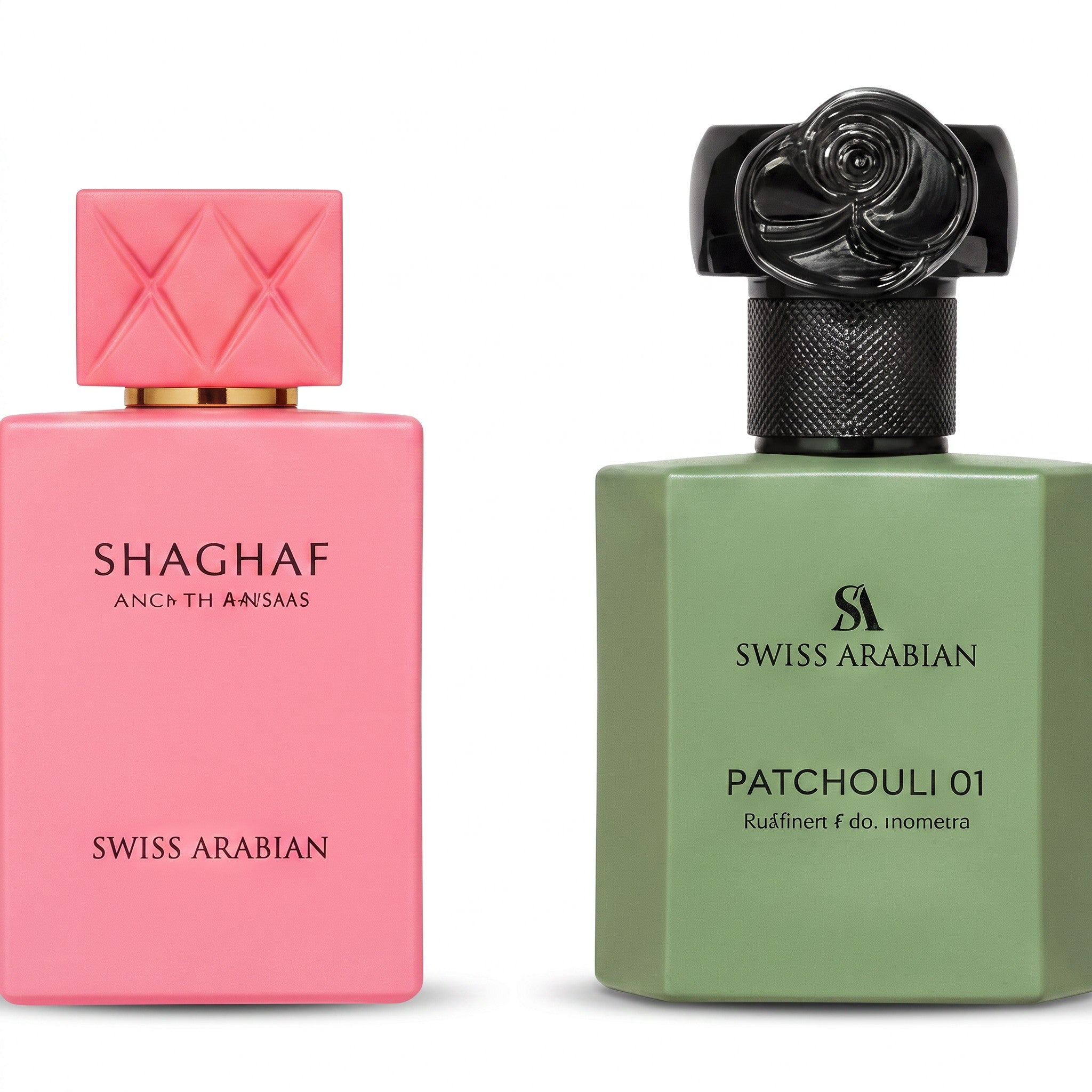 Palette 21 The Collector’s Edition II featuring a pink Shaghaf perfume bottle and a green Patchouli 01 fragrance.