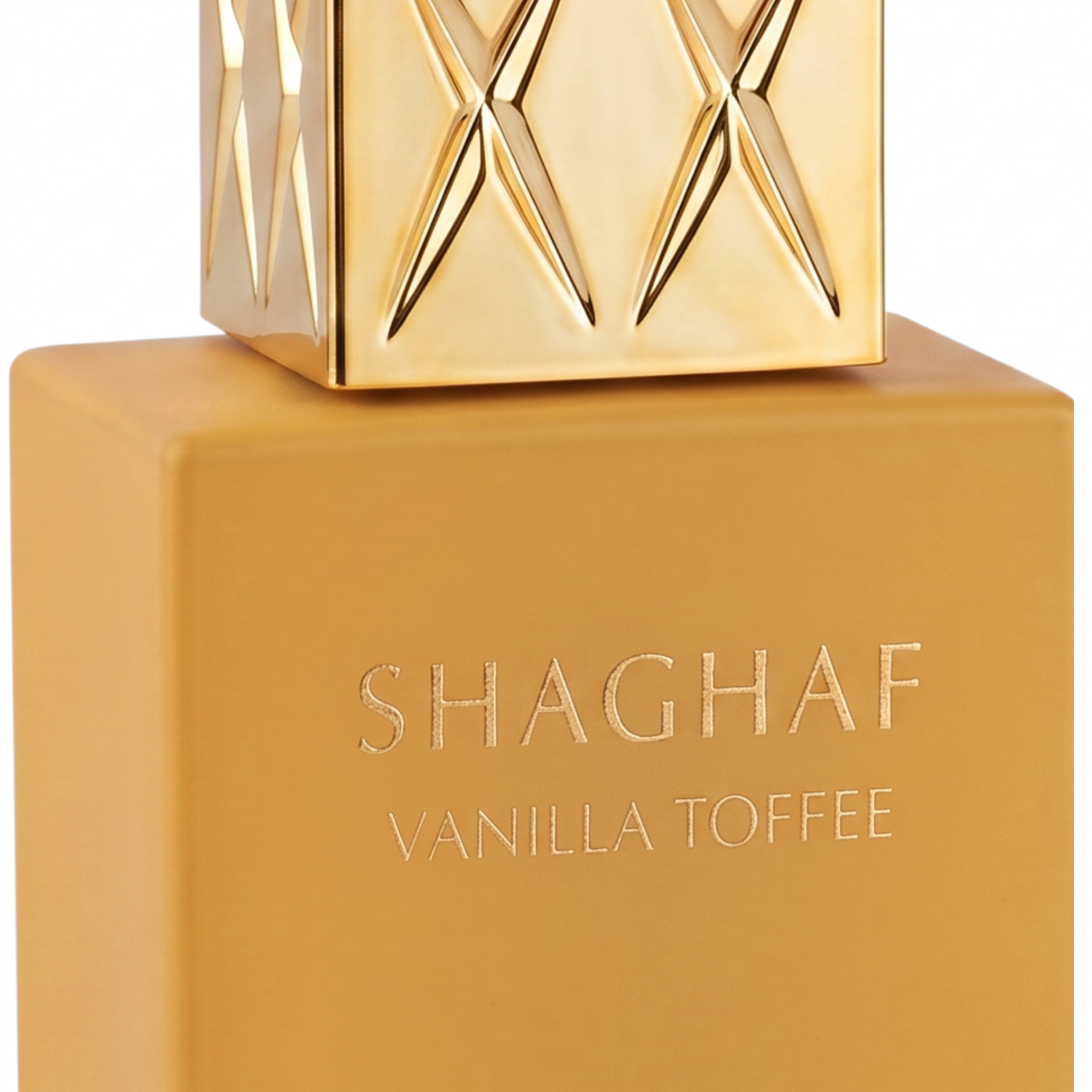 Palette 21 SWISS ARABIAN Shaghaf Vanilla Toffee perfume bottle in mustard yellow with a gold-toned geometric cap.