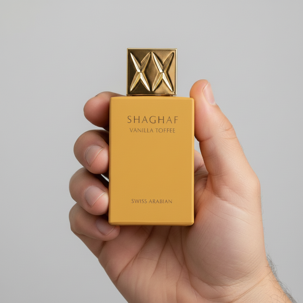 Palette 21 SWISS ARABIAN Shaghaf Vanilla Toffee perfume in a mustard-yellow bottle with a gold cap held in a hand.