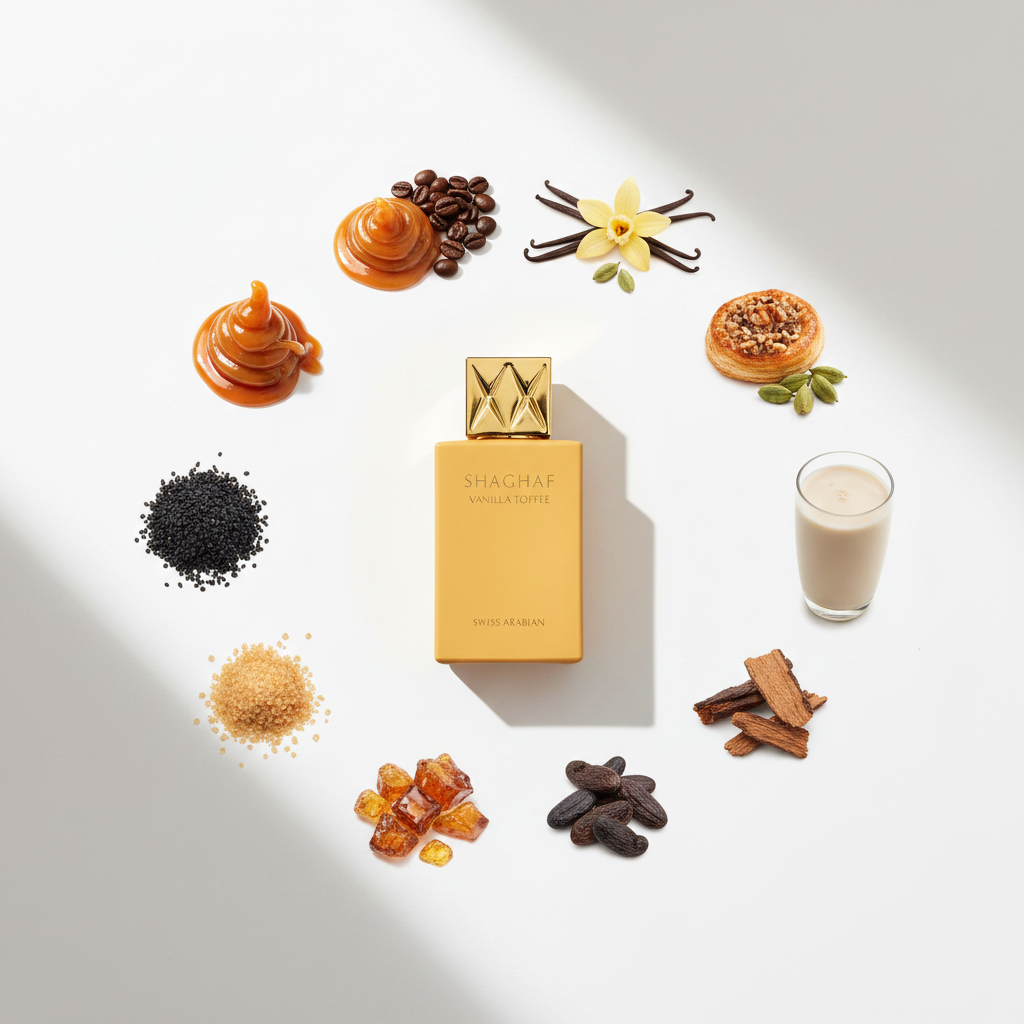Palette 21 SWISS ARABIAN Shaghaf Vanilla Toffee perfume bottle surrounded by ingredients like vanilla, toffee, and coffee