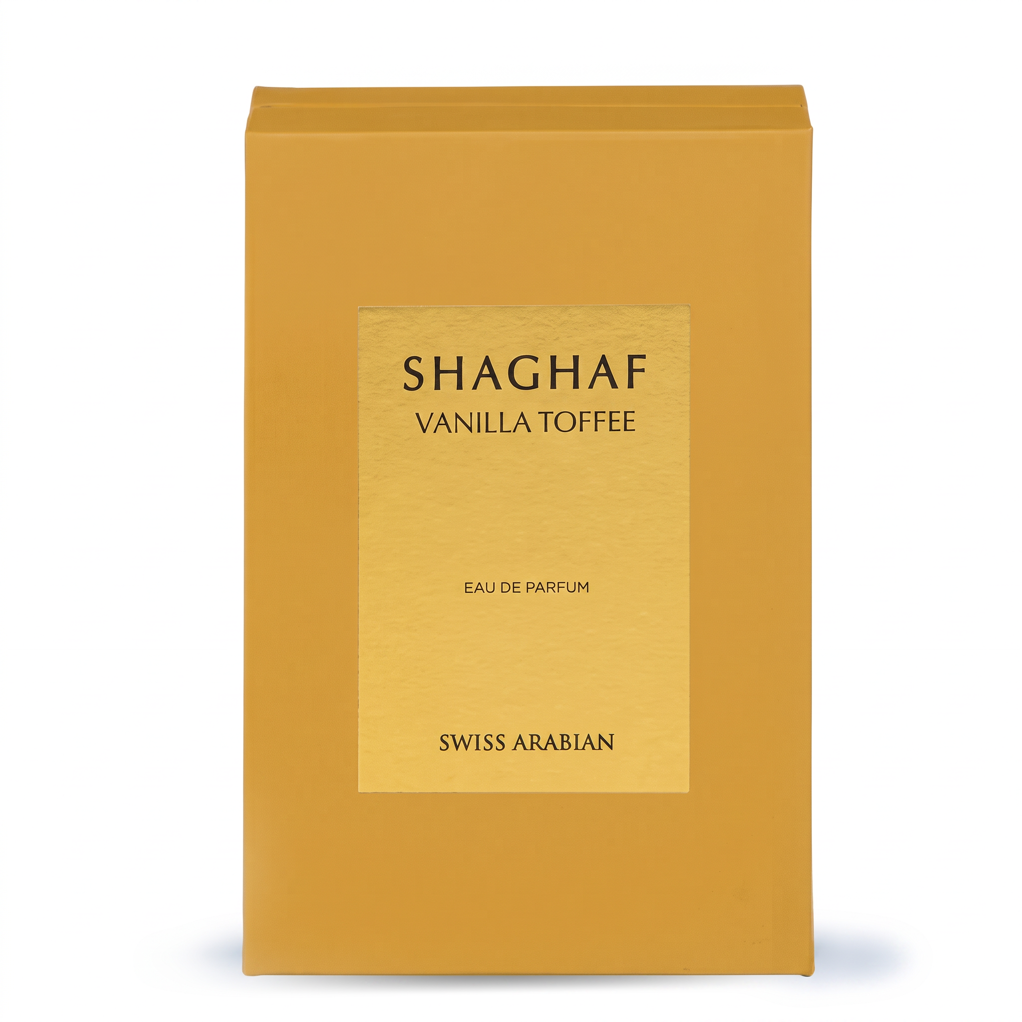 Palette 21 SWISS ARABIAN Shaghaf Vanilla Toffee Eau de Parfum in a mustard-yellow rectangular box with gold label.