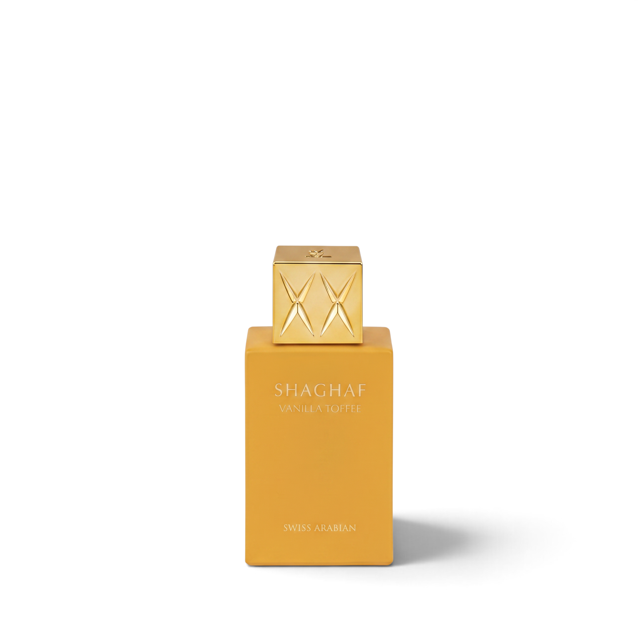 Palette 21 Swiss Arabian Shaghaf Vanilla Toffee perfume in a mustard-yellow bottle with a gold-toned cap.