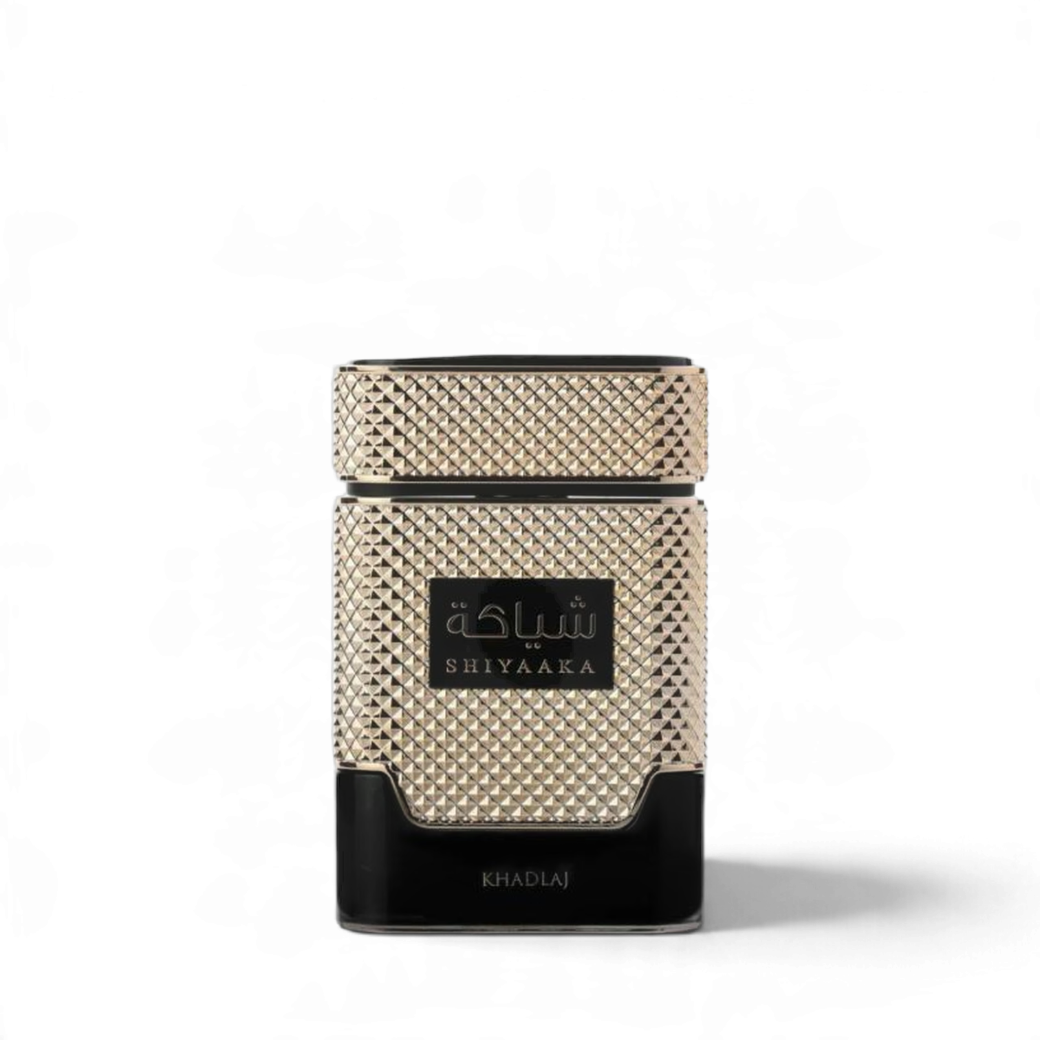Palette 21 Shiyaaka Gold Khadlaj perfume bottle with a textured gold metallic finish and black base details.