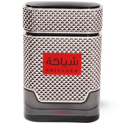 Palette 21 Shiyaaka for Men by Khadlaj Perfumes in a textured silver bottle with a red label on a white background