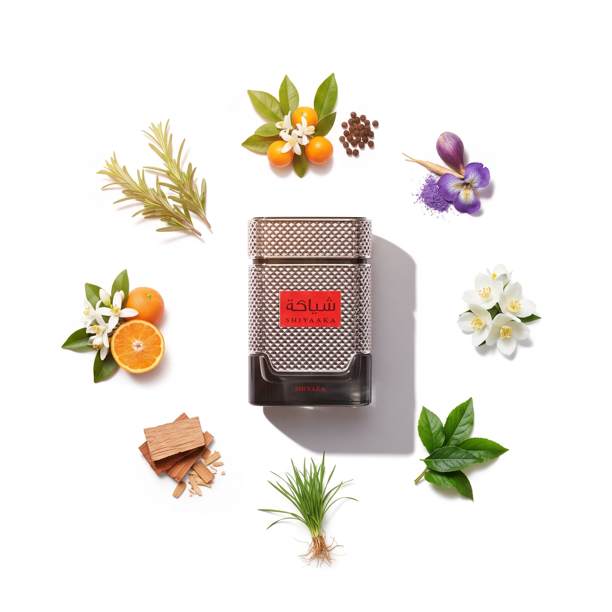 Palette 21 Shiyaaka for Men Khadlaj Perfumes bottle surrounded by aromatic ingredients like citrus, florals, and wood.