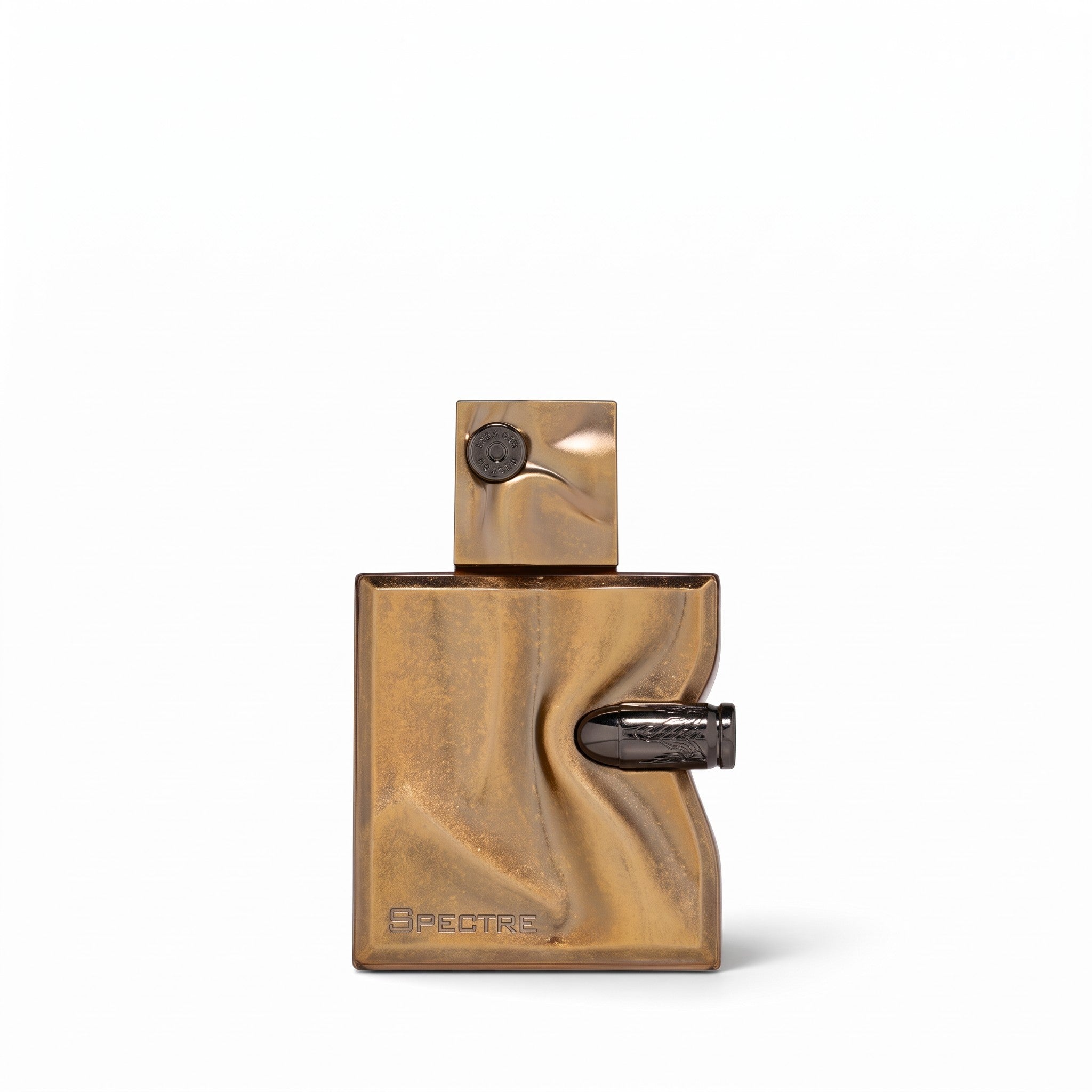 Palette 21 Spectre Eau De Parfum in a sculptural metallic gold bottle with a unique bullet-shaped spray nozzle.