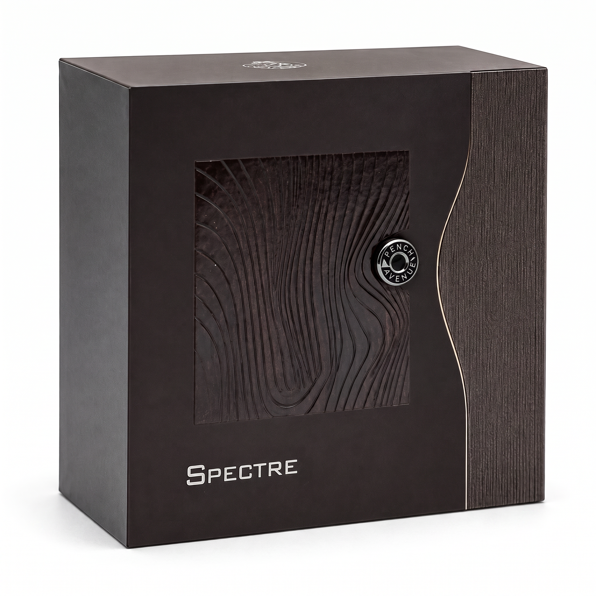 Palette 21 Spectre Eau De Parfum fragrance box in a dark brown sculptural design with a metallic circular accent