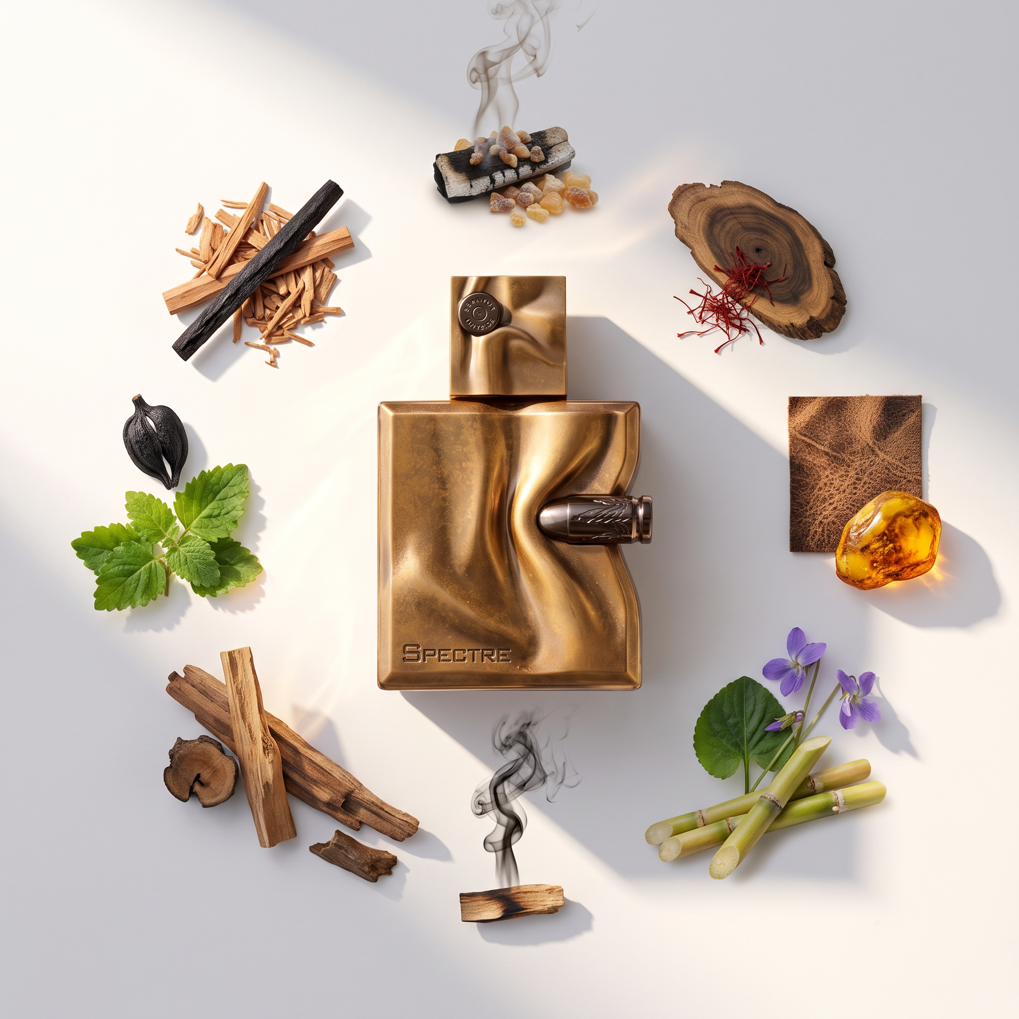 Palette 21 Spectre Eau De Parfum in a metallic gold sculptural bottle surrounded by raw fragrance ingredients.