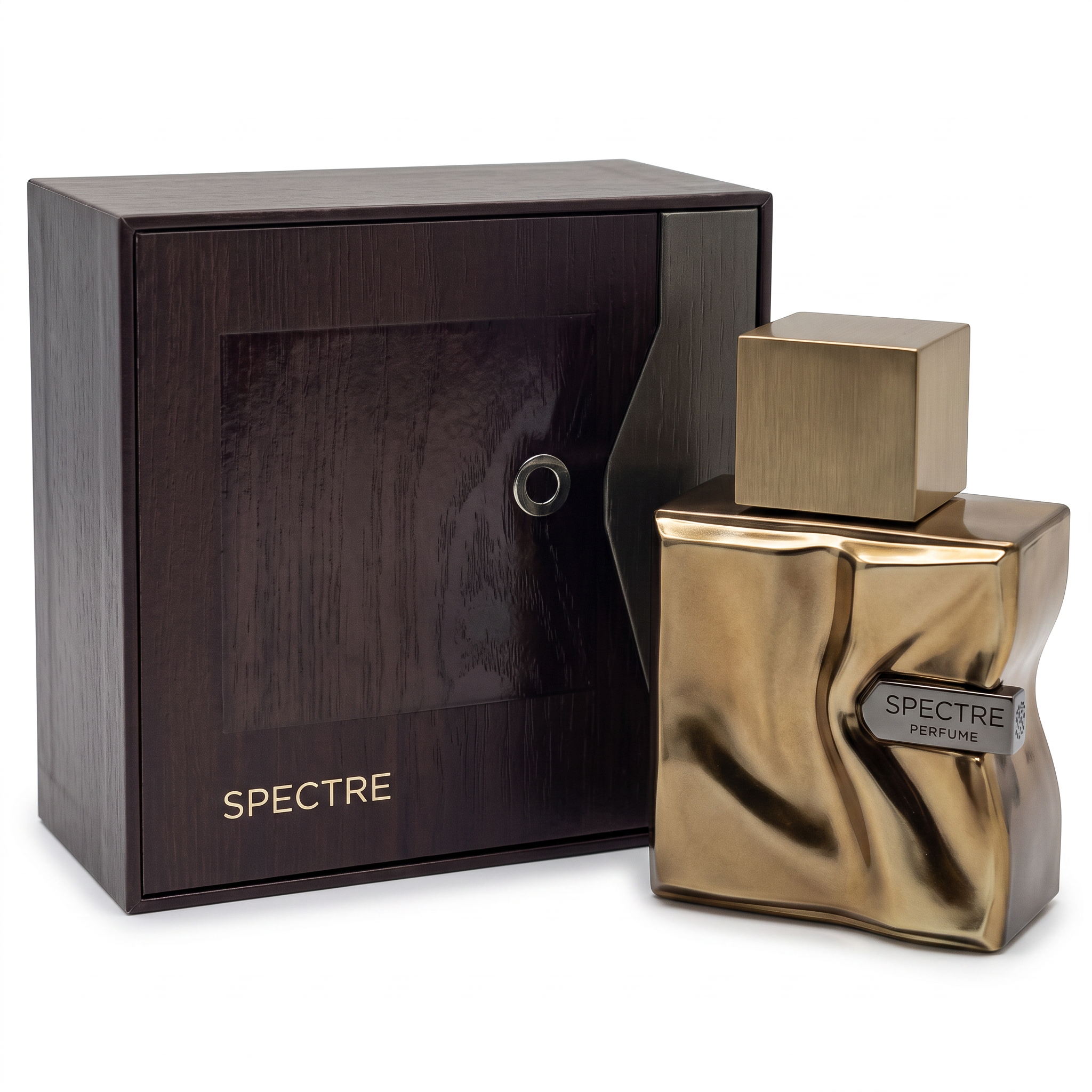 Palette 21 Spectre Eau De Parfum in a sculptural gold bottle next to its dark wood presentation box.