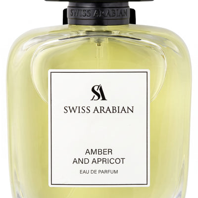 Palette 21 Swiss Arabian Amber and Apricot Eau de Parfum in a clear glass bottle with a black textured cap