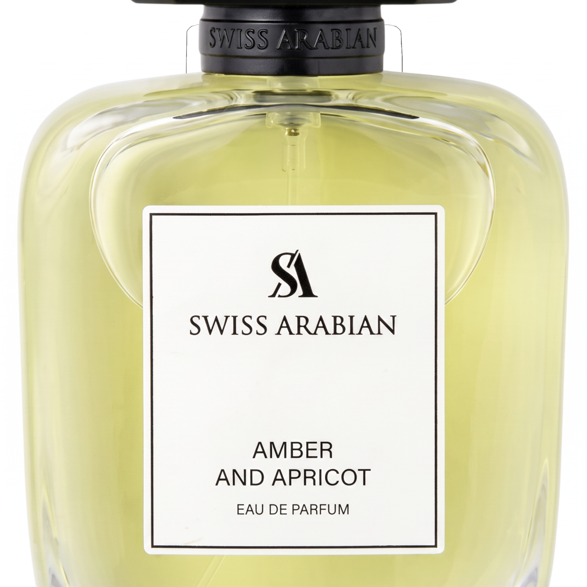 Palette 21 Swiss Arabian Amber and Apricot Eau de Parfum in a clear glass bottle with a black textured cap