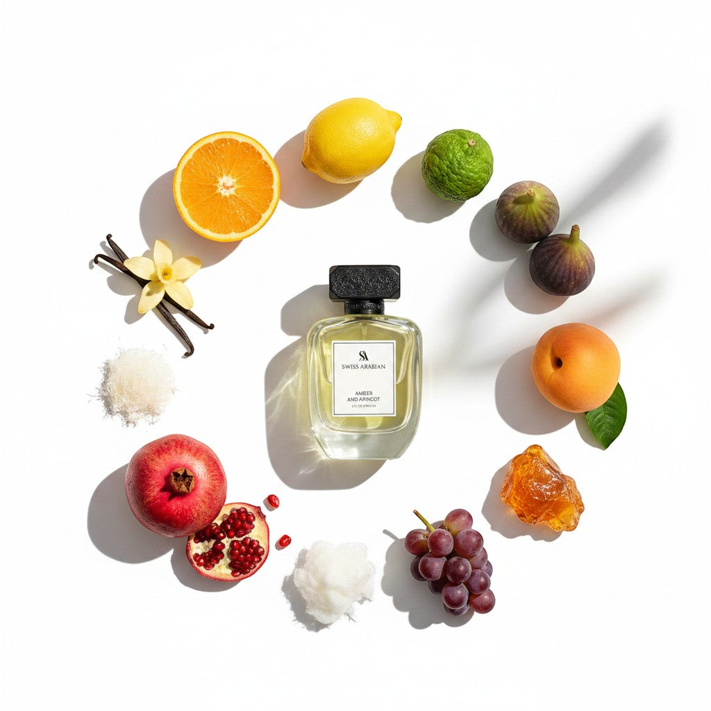 Palette 21 SWISS ARABIAN Amber And Apricot perfume bottle surrounded by fresh fruits and ingredients on white background