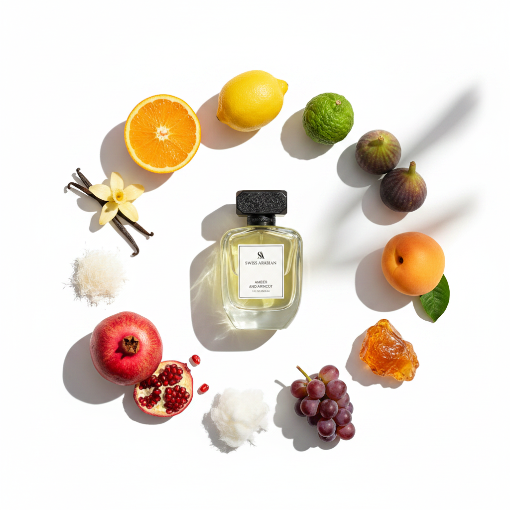 Palette 21 SWISS ARABIAN Amber And Apricot perfume bottle surrounded by fresh fruits and ingredients on white background