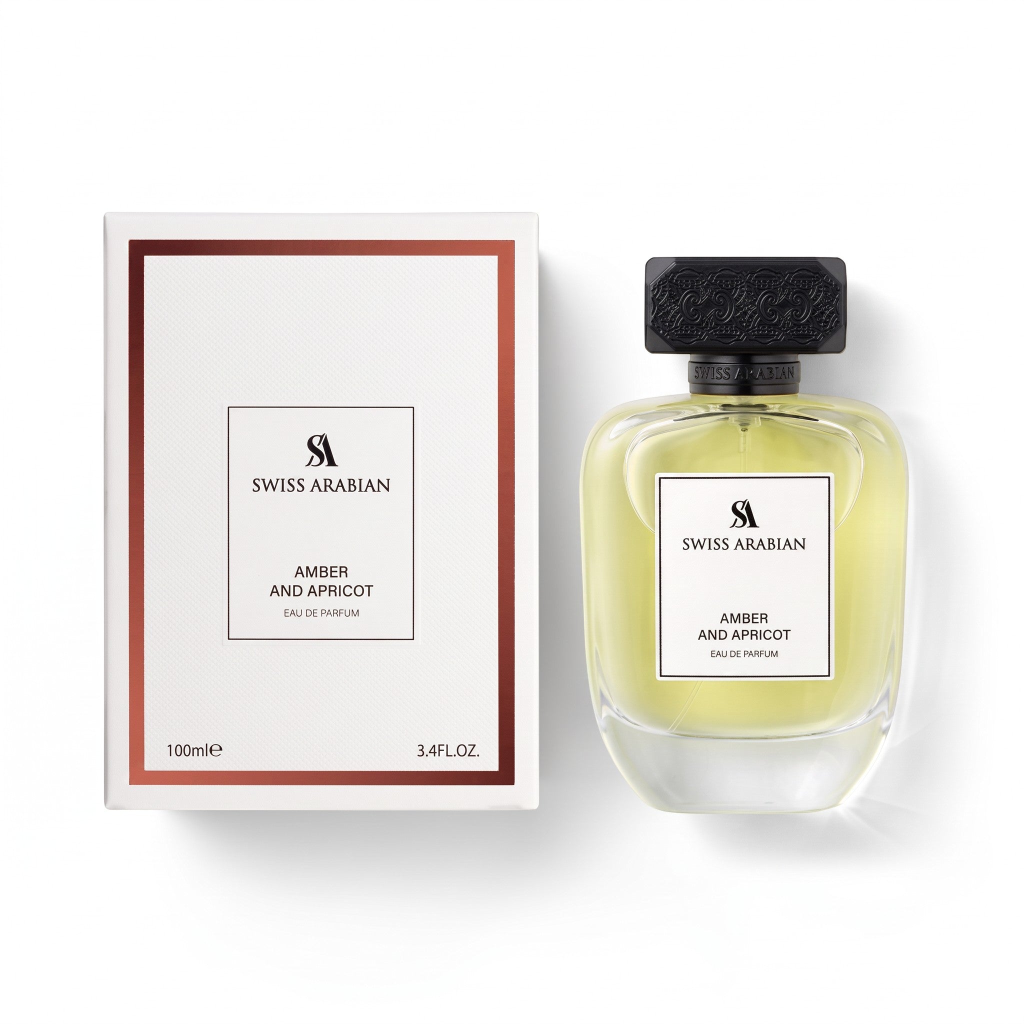 Palette 21 Swiss Arabian Amber and Apricot Eau de Parfum bottle and white box packaging with golden fragrance liquid