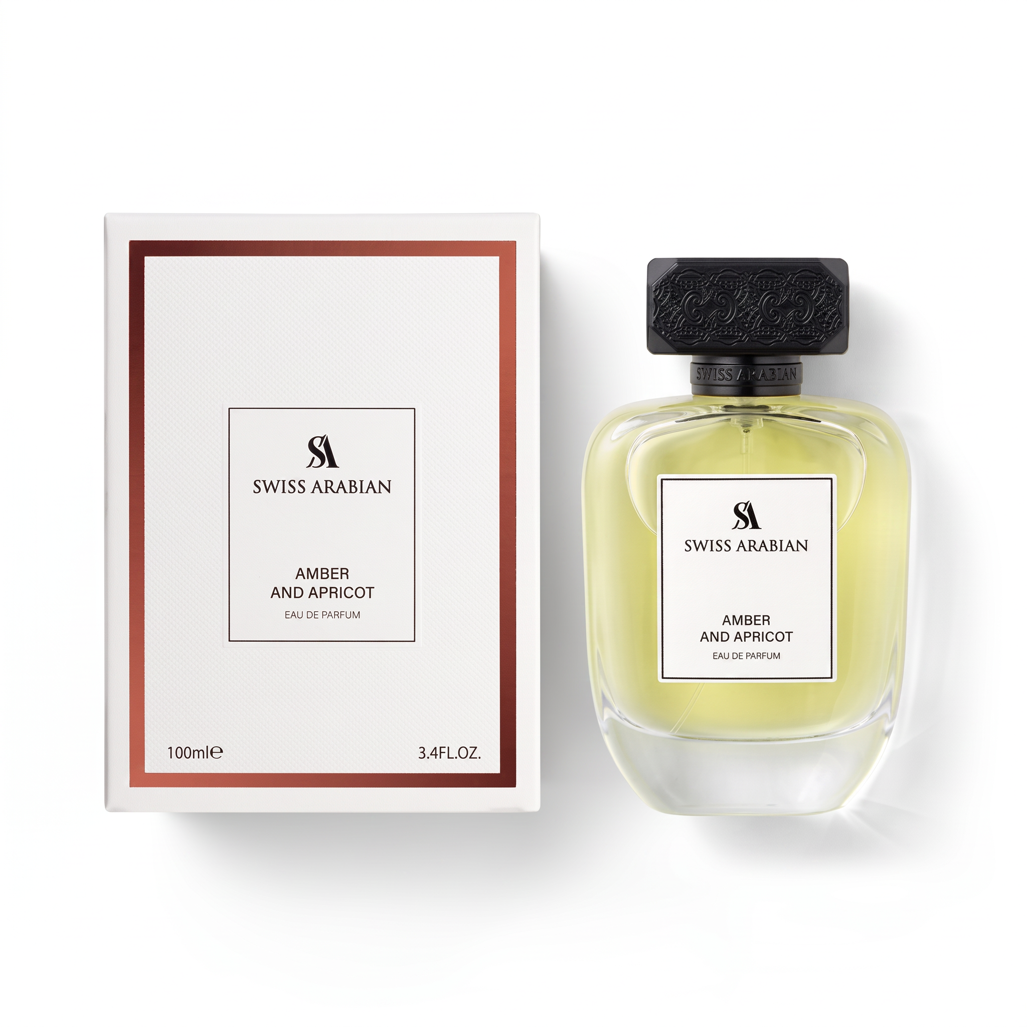 Palette 21 Swiss Arabian Amber and Apricot Eau de Parfum bottle and white box packaging with golden fragrance liquid