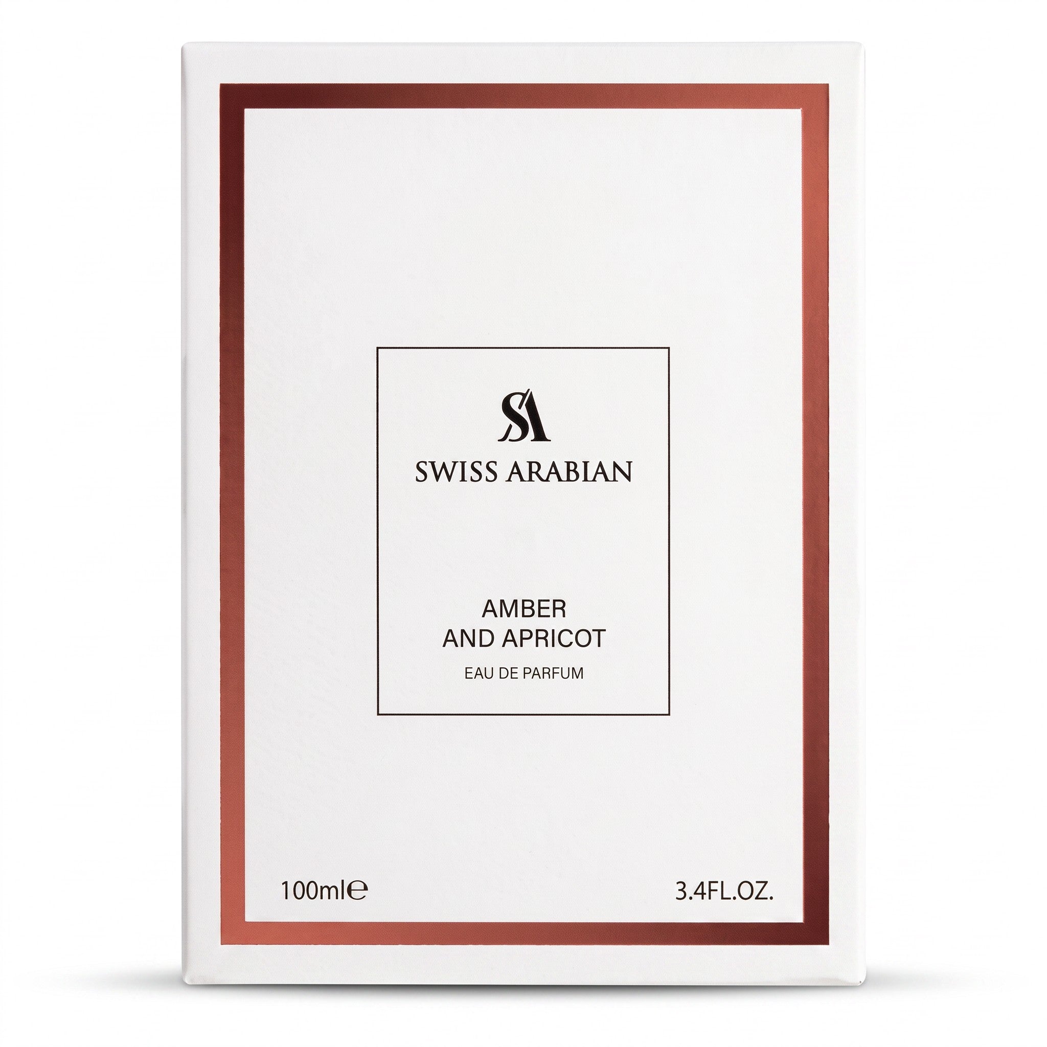 Palette 21 SWISS ARABIAN Amber And Apricot Eau De Parfum white rectangular box with copper metallic border