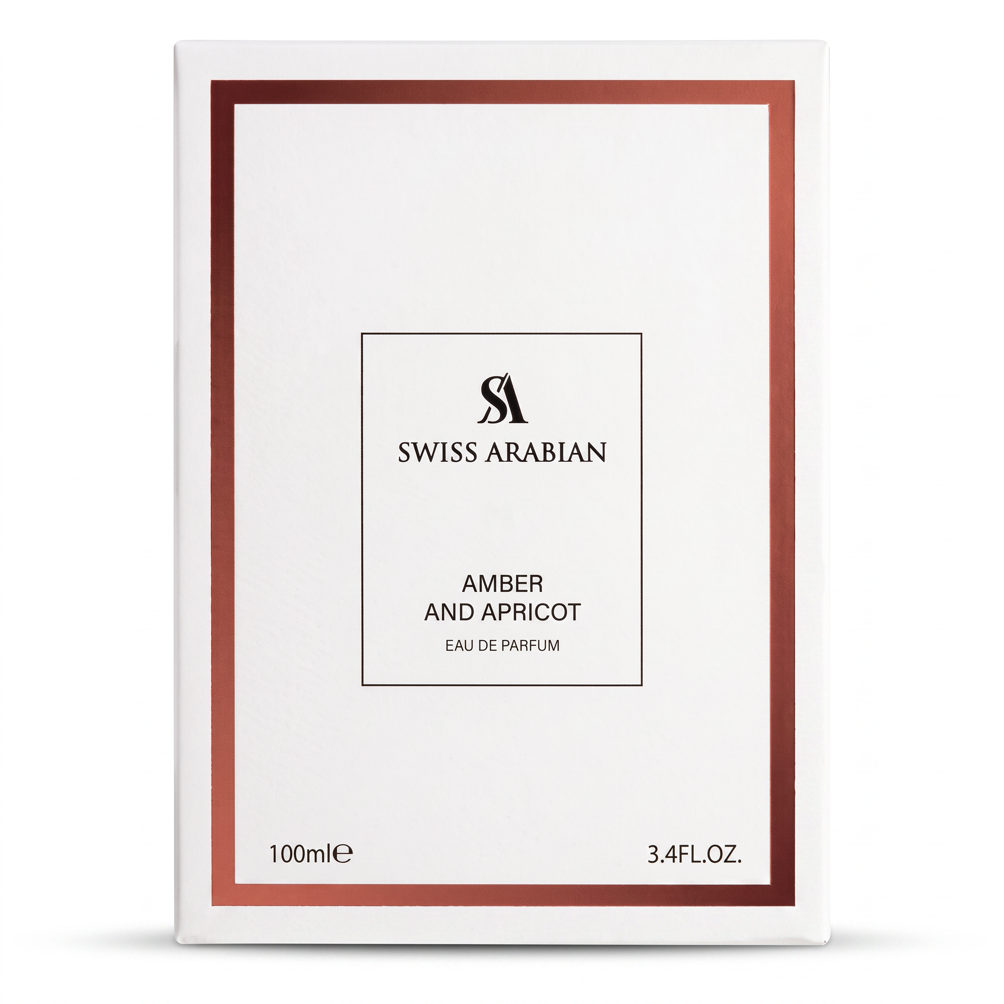 Palette 21 SWISS ARABIAN Amber And Apricot Eau De Parfum white rectangular box with copper metallic border