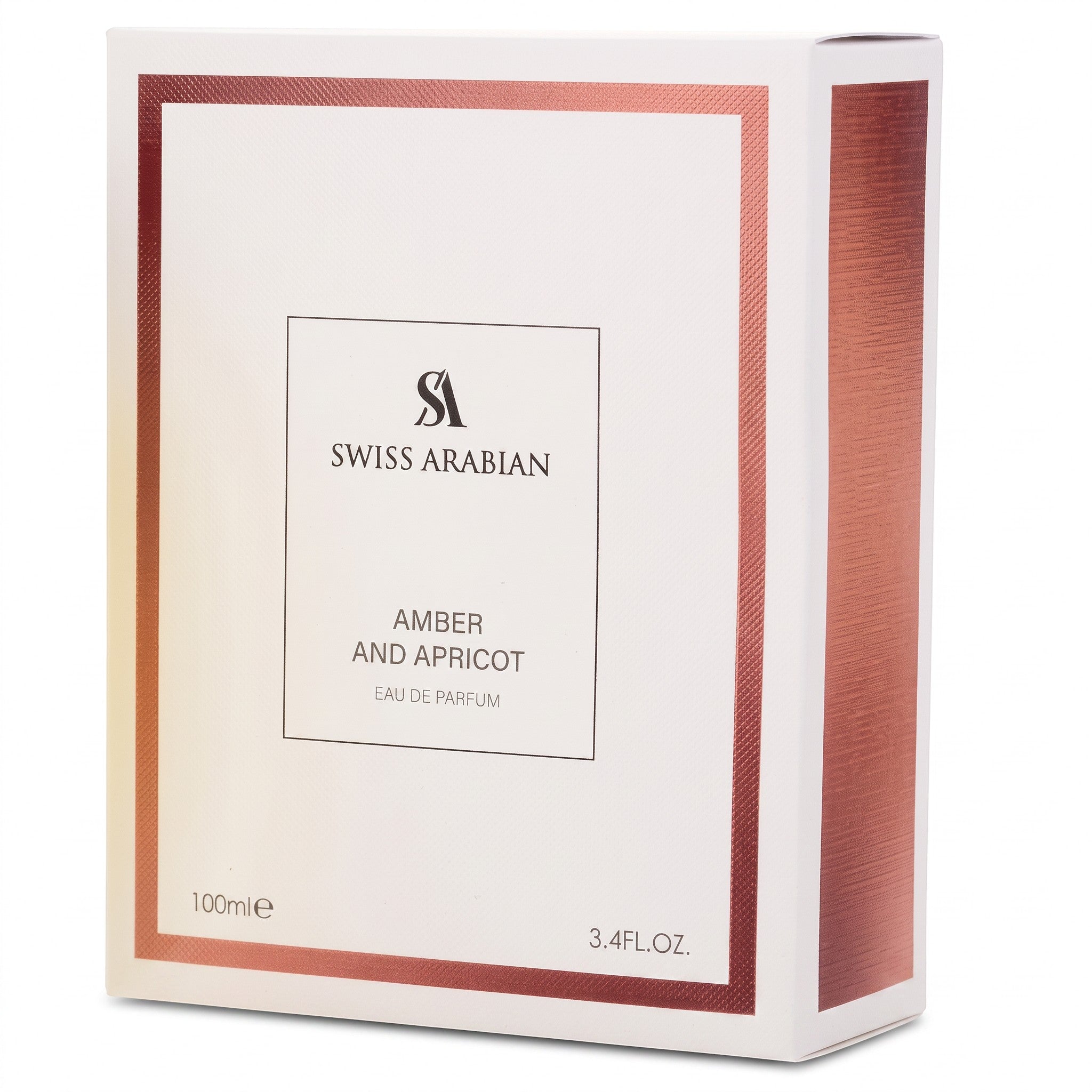Palette 21 Swiss Arabian Amber and Apricot Eau de Parfum 100ml fragrance box with white and metallic copper accents.