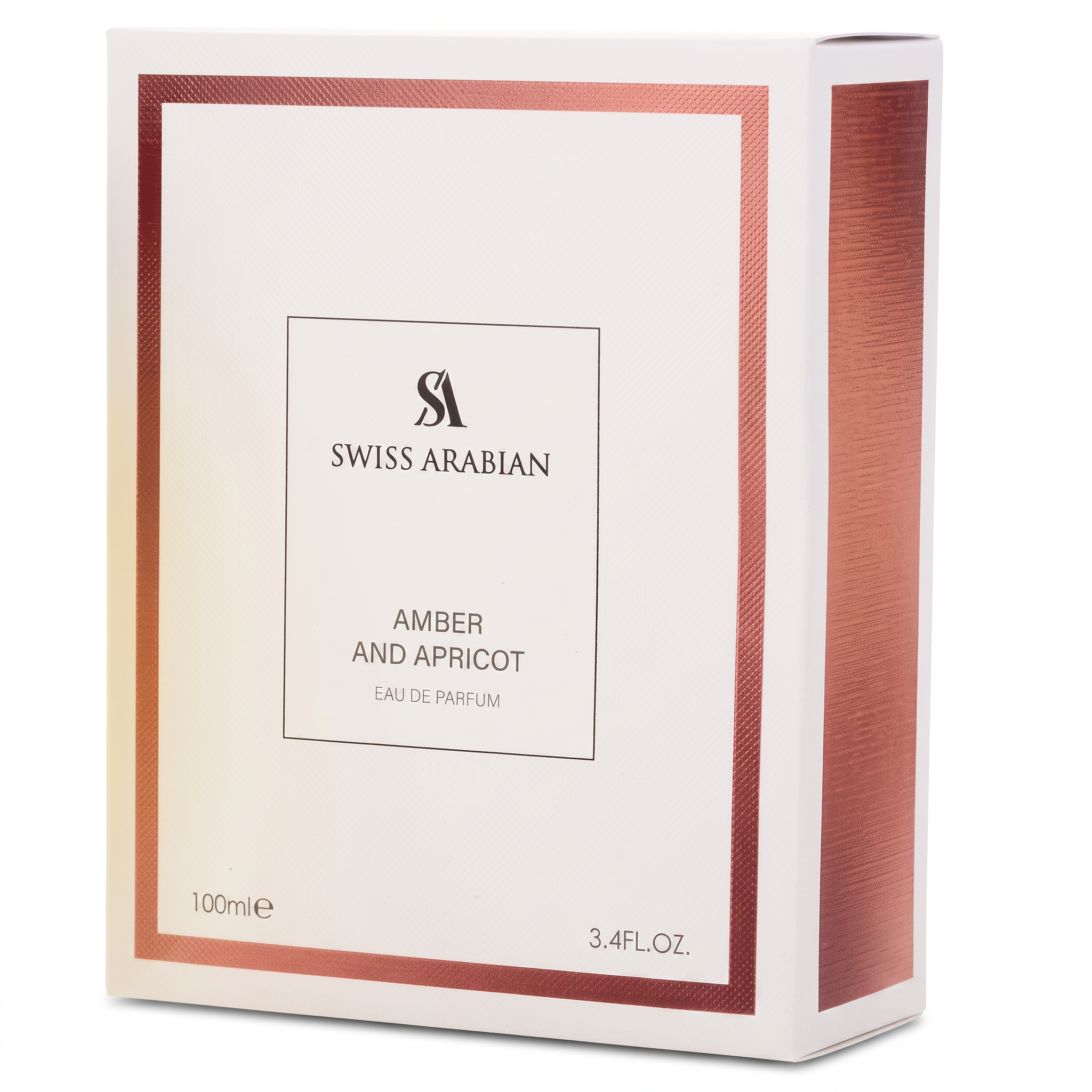 Palette 21 Swiss Arabian Amber and Apricot Eau de Parfum 100ml fragrance box with white and metallic copper accents.