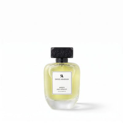 Palette 21 Swiss Arabian Amber and Apricot Eau de Parfum in a sleek glass bottle with an ornate black cap.