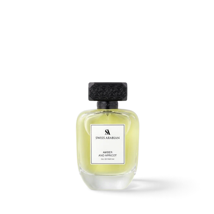 Palette 21 Swiss Arabian Amber and Apricot Eau de Parfum in a clear glass bottle with an ornate black textured cap.