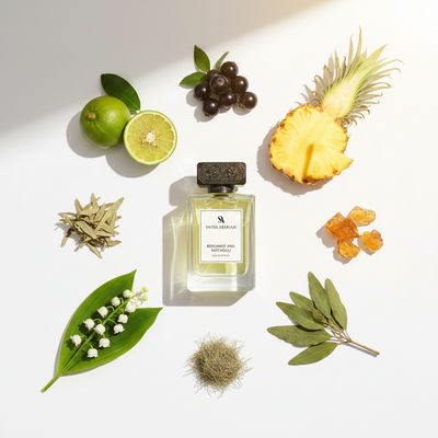 Palette 21 SWISS ARABIAN Bergamot and Patchouli perfume bottle surrounded by fresh citrus, pineapple, and botanicals.