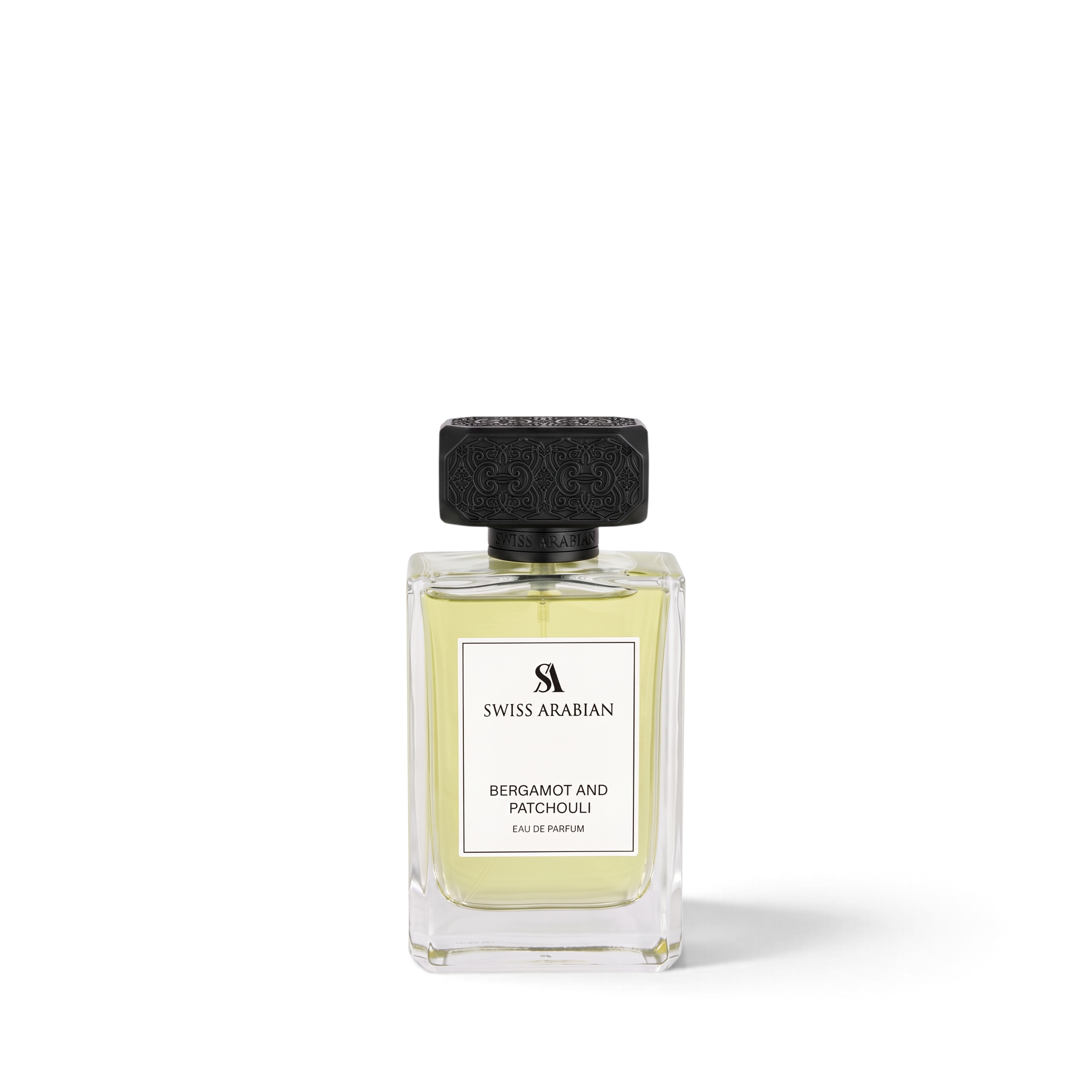 Palette 21 Swiss Arabian Bergamot and Patchouli Eau de Parfum in a clear glass bottle with an ornate black cap.
