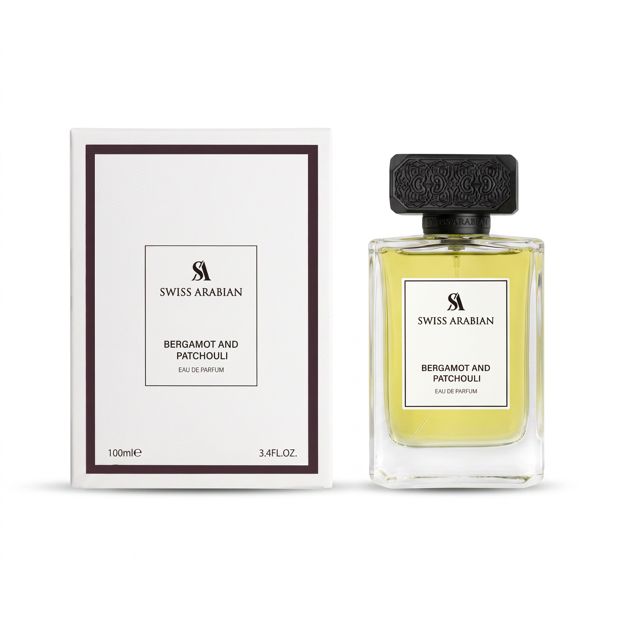 Palette 21 Swiss Arabian Bergamot and Patchouli perfume bottle and white box packaging on a clean white background.