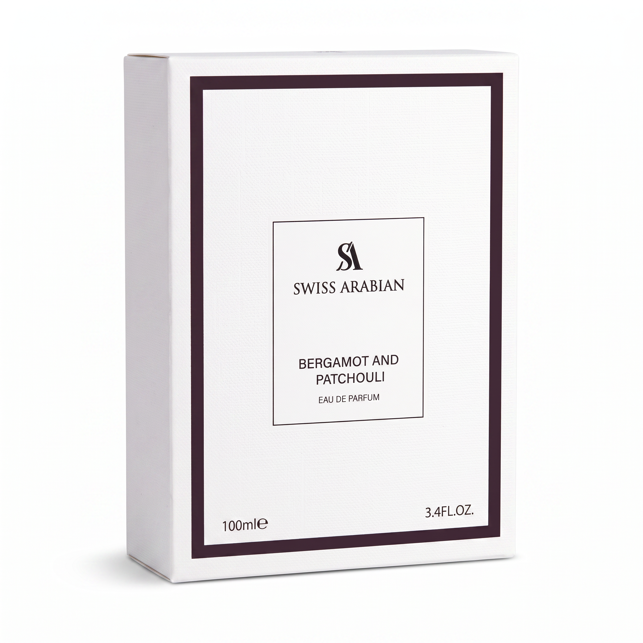 Palette 21 Swiss Arabian Bergamot and Patchouli Eau de Parfum white rectangular fragrance box with dark border