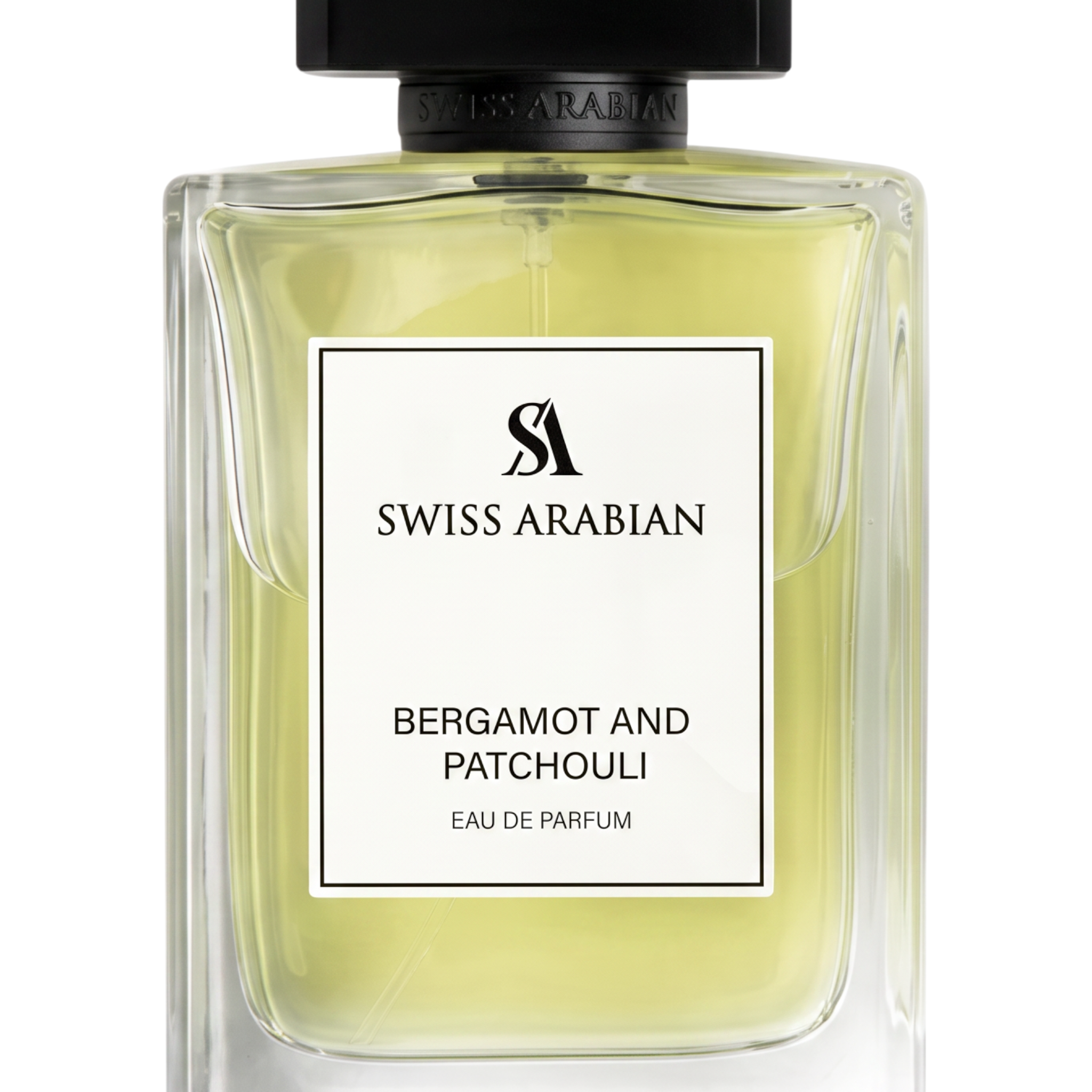 Palette 21 Swiss Arabian Bergamot and Patchouli Eau de Parfum in a clear glass bottle with a black cap.