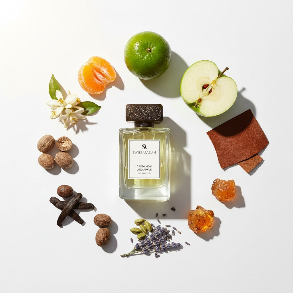 Palette 21 Swiss Arabian Cardamom and Apple perfume bottle surrounded by fresh apple, citrus, spices, and leather.