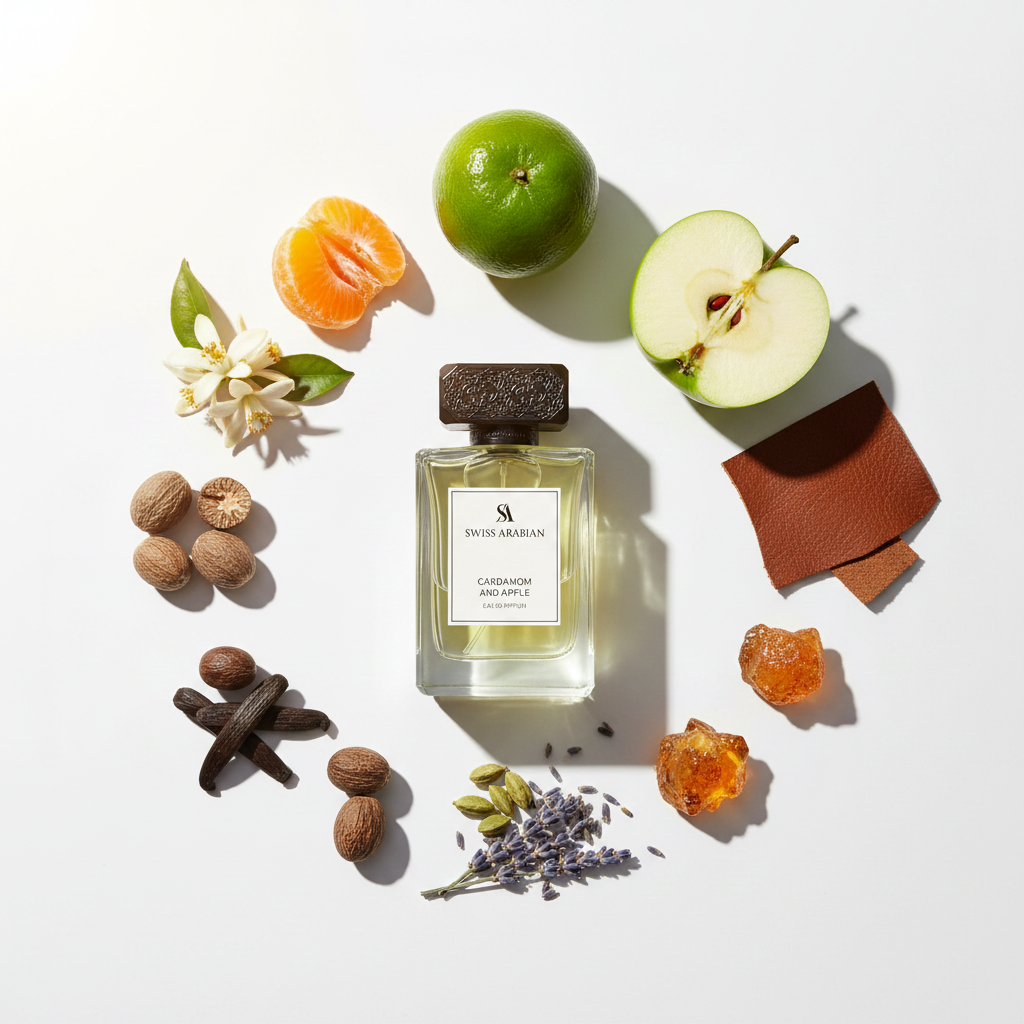 Palette 21 Swiss Arabian Cardamom and Apple perfume bottle surrounded by fresh apple, citrus, spices, and leather.
