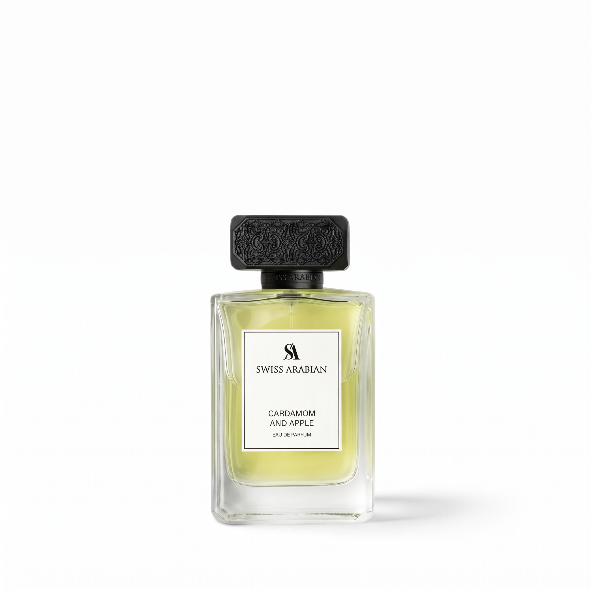 Palette 21 Swiss Arabian Cardamom and Apple Eau de Parfum in a clear glass bottle with an ornate black cap.