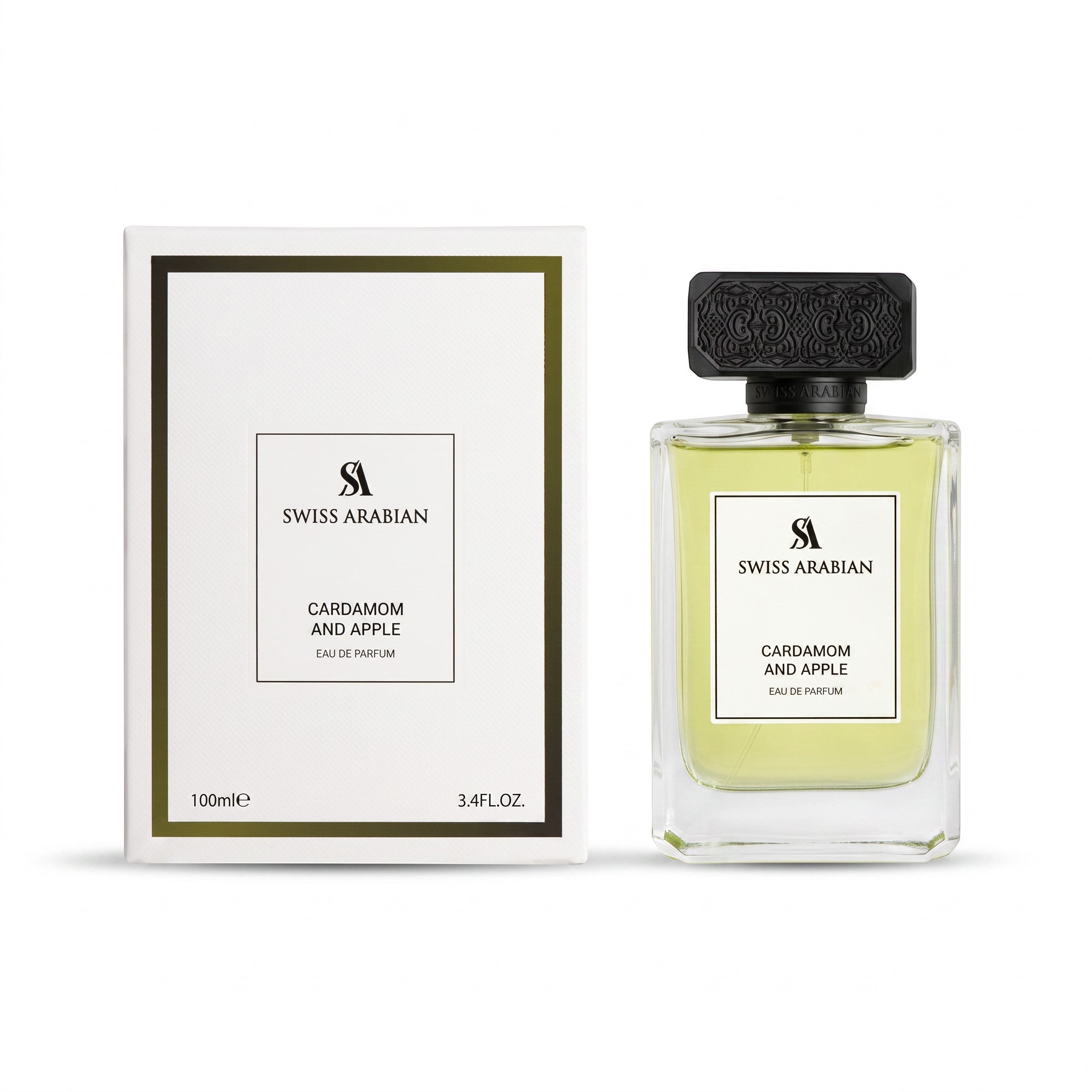 Palette 21 Swiss Arabian Cardamom and Apple Eau de Parfum bottle and white box packaging with black cap