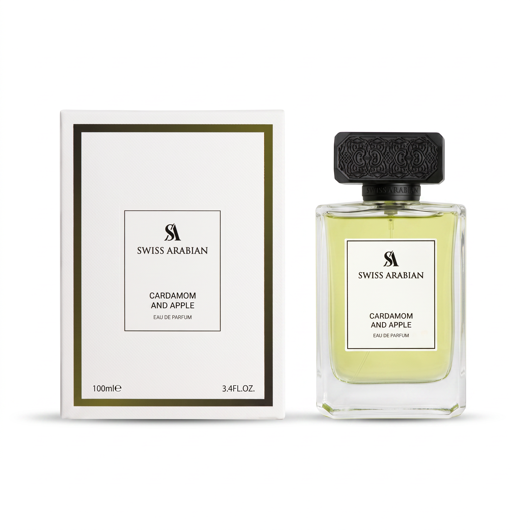 Palette 21 Swiss Arabian Cardamom and Apple Eau de Parfum bottle and white box packaging with black cap