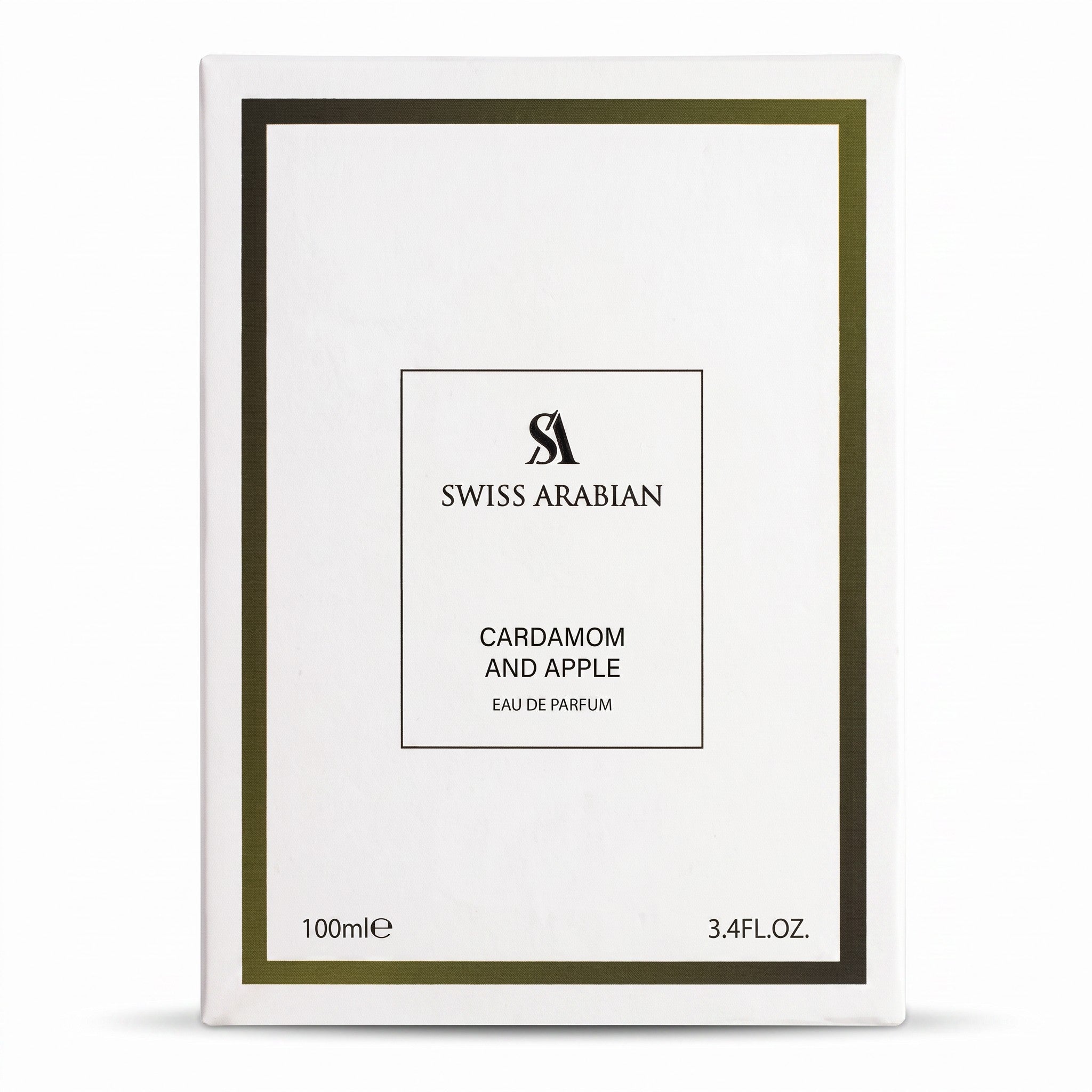 Palette 21 Swiss Arabian Cardamom and Apple Eau de Parfum white rectangular fragrance box with gold border