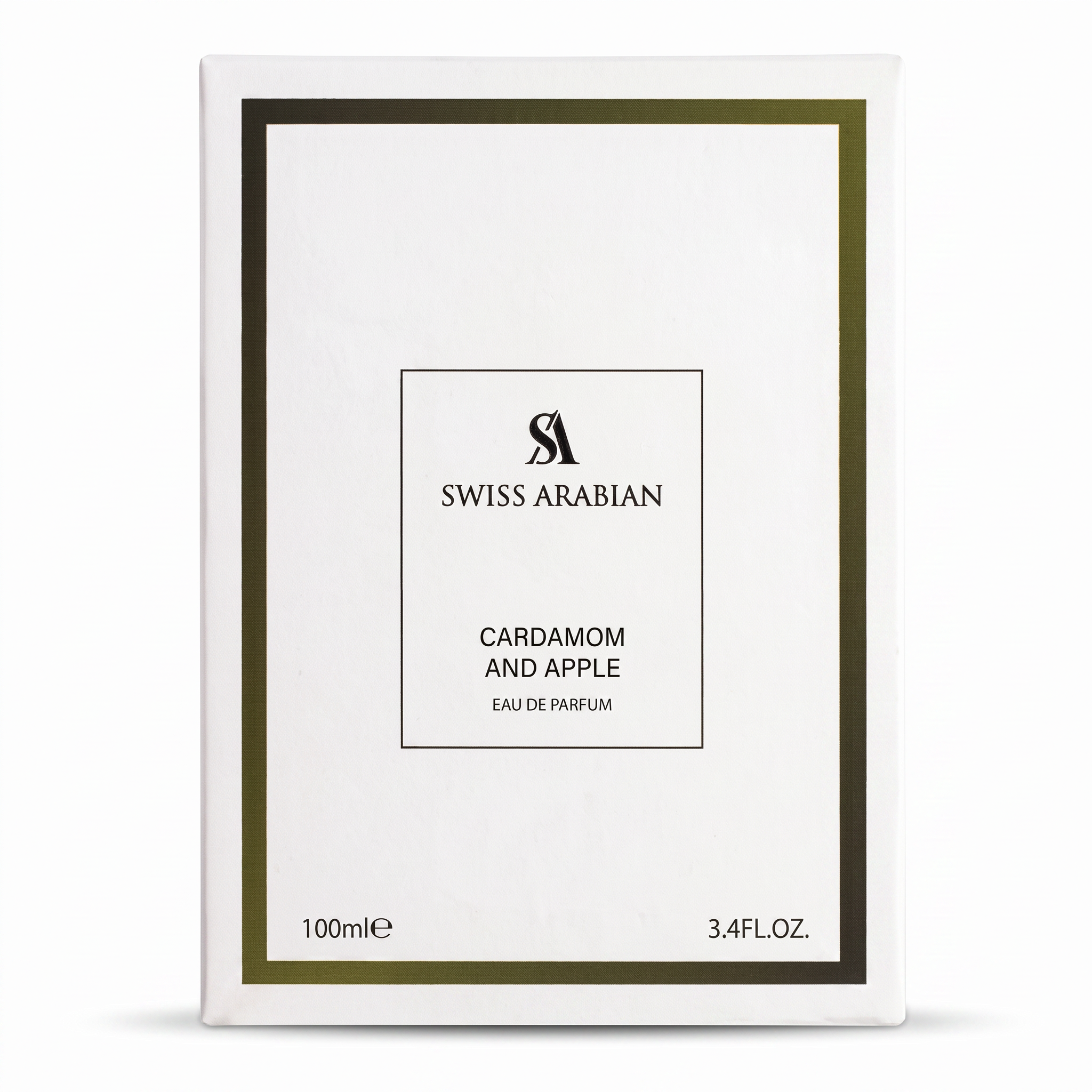 Palette 21 Swiss Arabian Cardamom and Apple Eau de Parfum white rectangular fragrance box with gold border