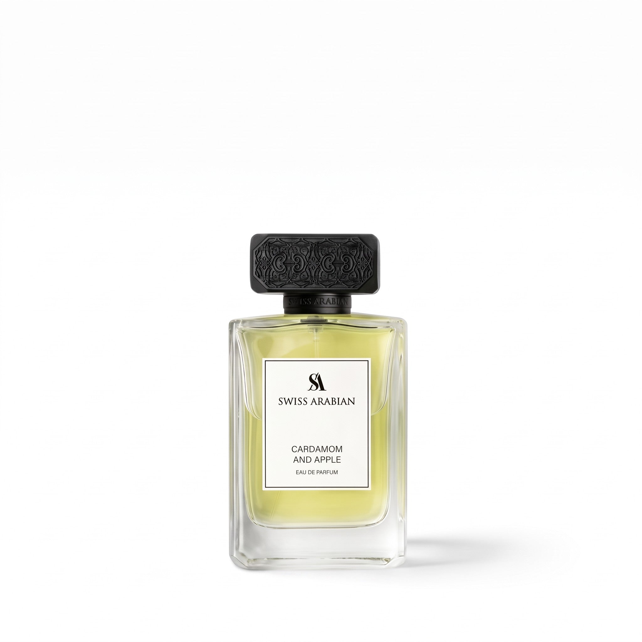 Palette 21 Swiss Arabian Cardamom and Apple Eau de Parfum in a clear glass bottle with an ornate black cap.