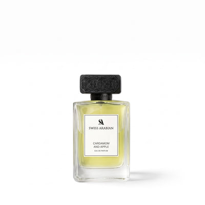 Palette 21 Swiss Arabian Cardamom and Apple Eau de Parfum in a clear glass bottle with an ornate black cap.