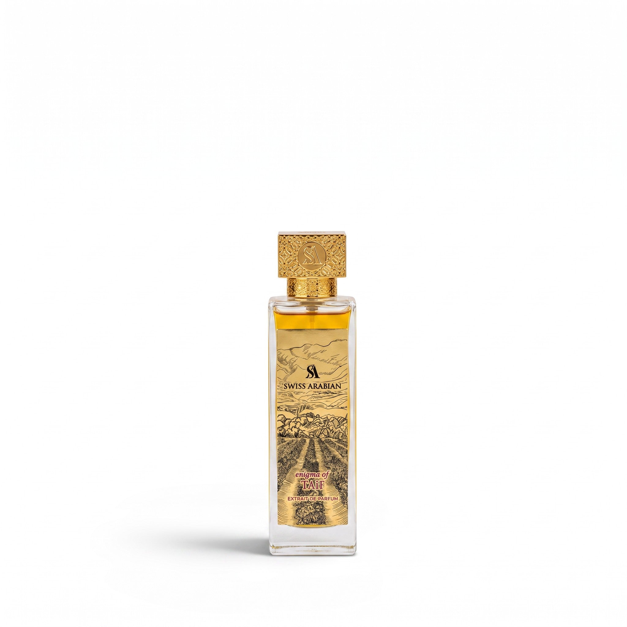 Palette 21 Swiss Arabian Enigma of Taif Extrait de Parfum in a tall glass bottle with an ornate gold cap and label.