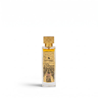 Palette 21 Swiss Arabian Enigma of Taif Extrait de Parfum in a tall glass bottle with an ornate gold cap and label.