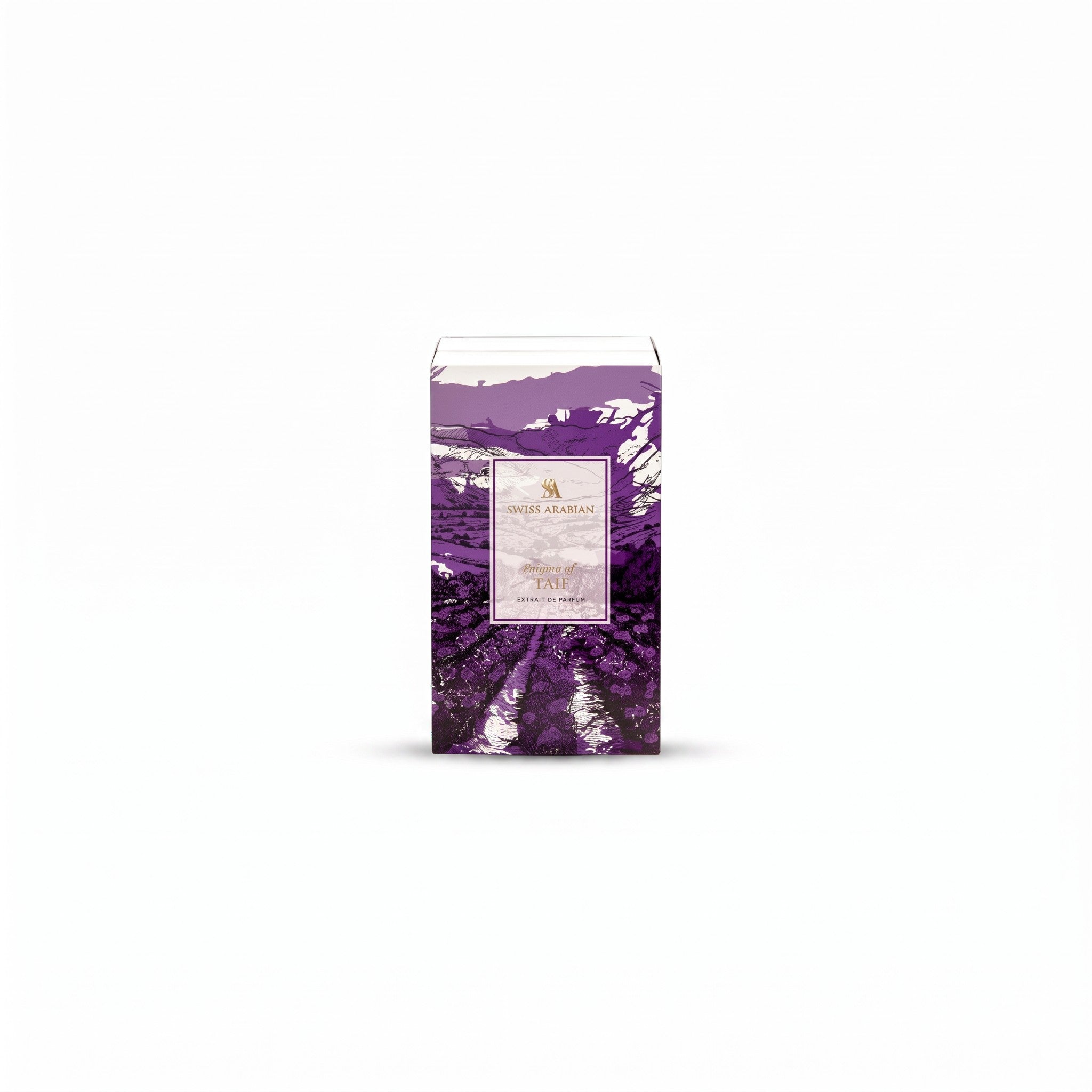 Palette 21 Swiss Arabian Enigma of Taif perfume bottle featuring a purple floral landscape illustration