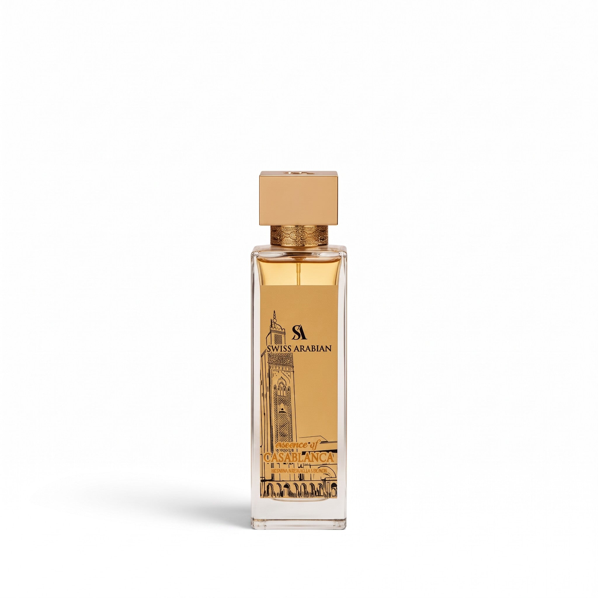 Palette 21 Swiss Arabian Essence of Casablanca Extrait de Parfum in a tall glass bottle with a gold cap and label.
