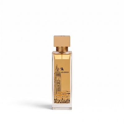 Palette 21 Swiss Arabian Essence of Casablanca Extrait de Parfum in a tall glass bottle with a gold cap and label.