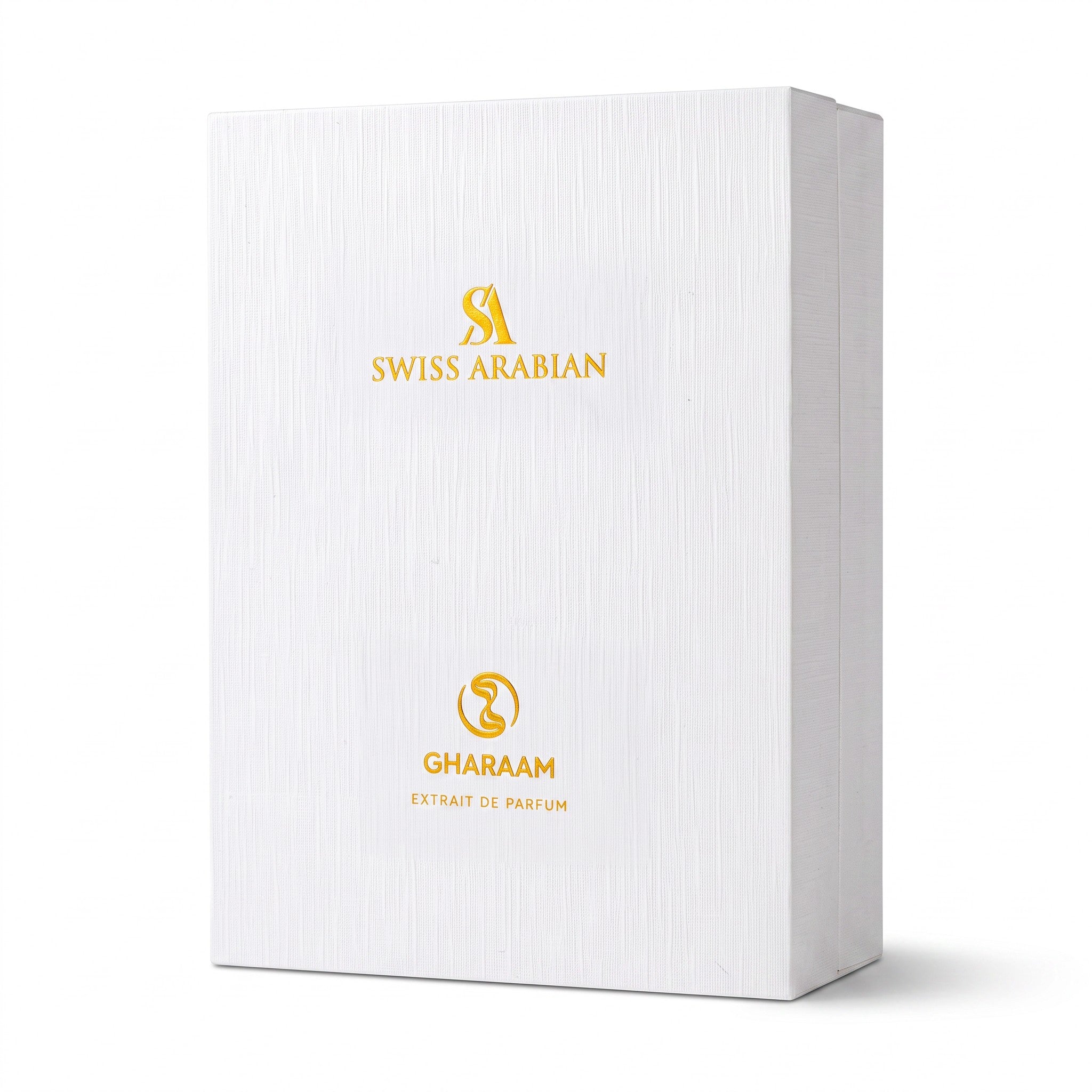 Palette 21 Swiss Arabian Gharaam Extrait de Parfum white textured perfume box with gold branding