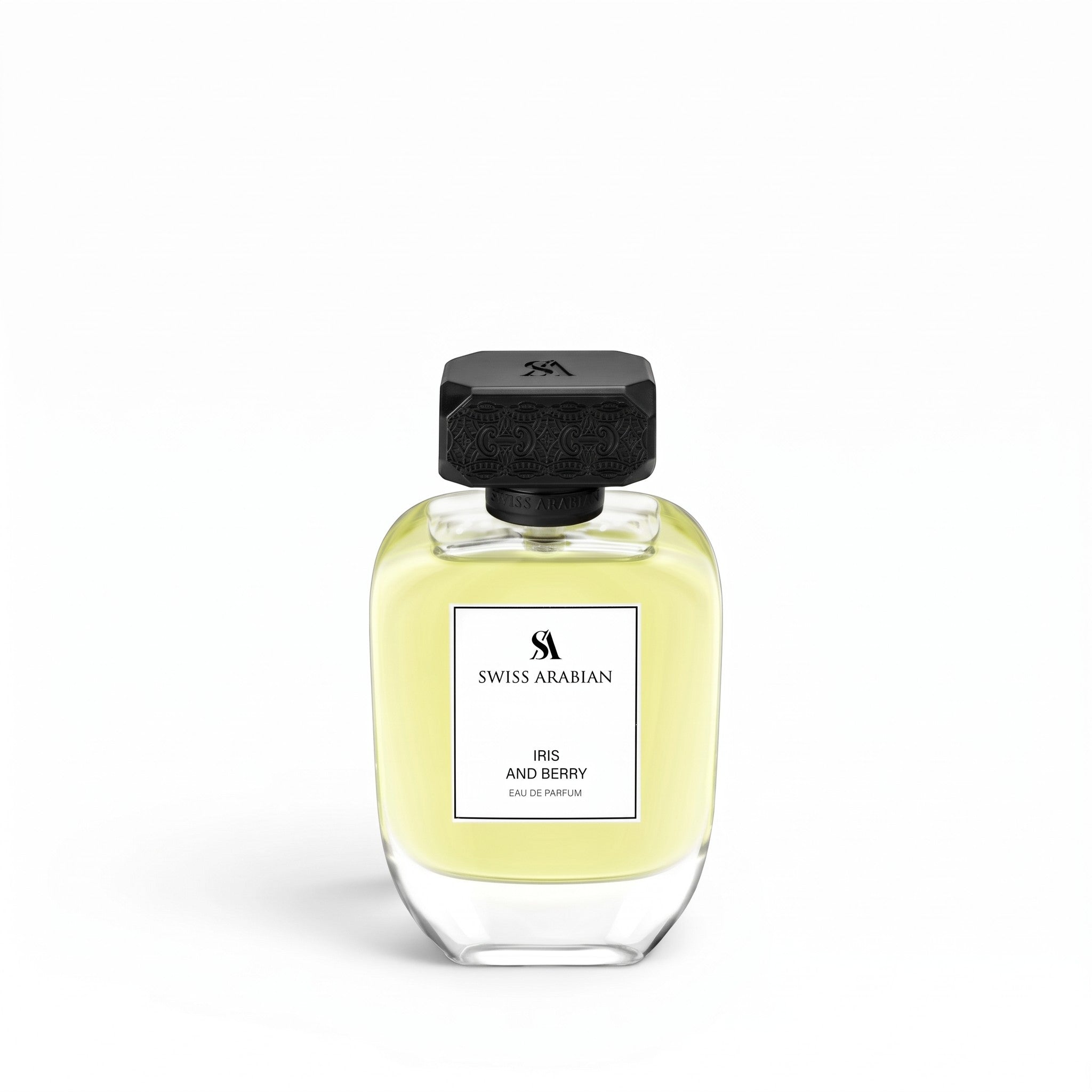Palette 21 Swiss Arabian Iris and Berry eau de parfum in a clear glass bottle with a textured black cap.