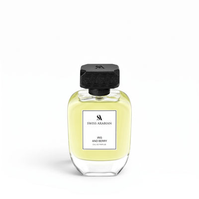 Palette 21 Swiss Arabian Iris and Berry eau de parfum in a clear glass bottle with a textured black cap.